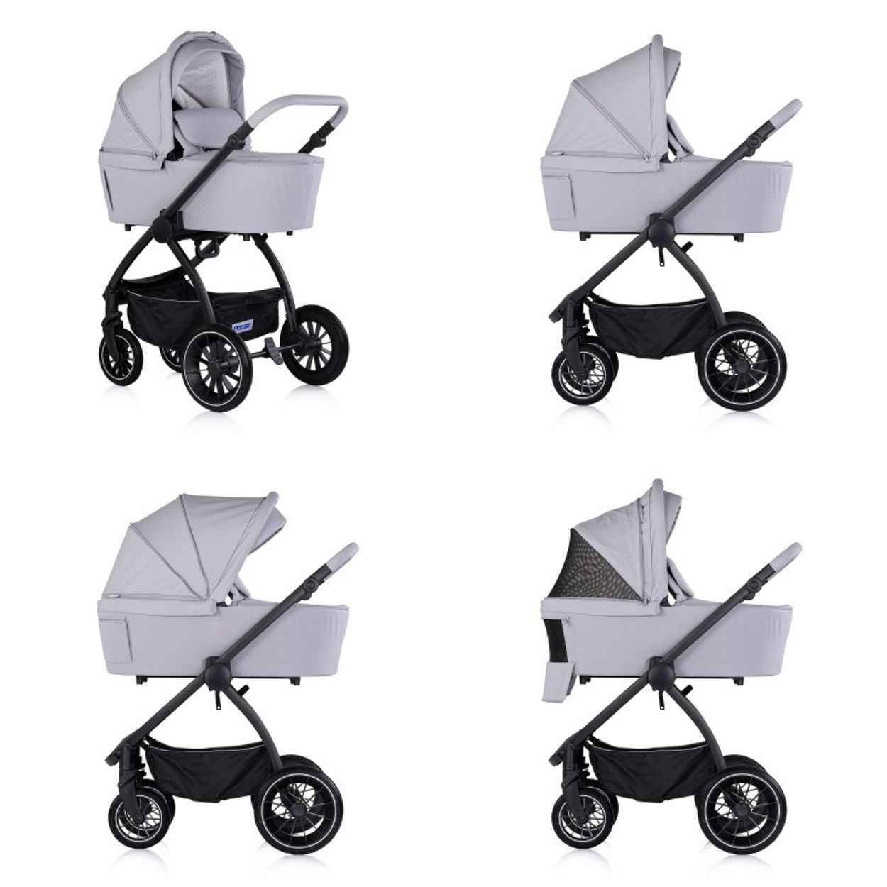Ein grauer Kinderwagen mit Verdeck und schwarzem Korb, aus vier Blickwinkeln.