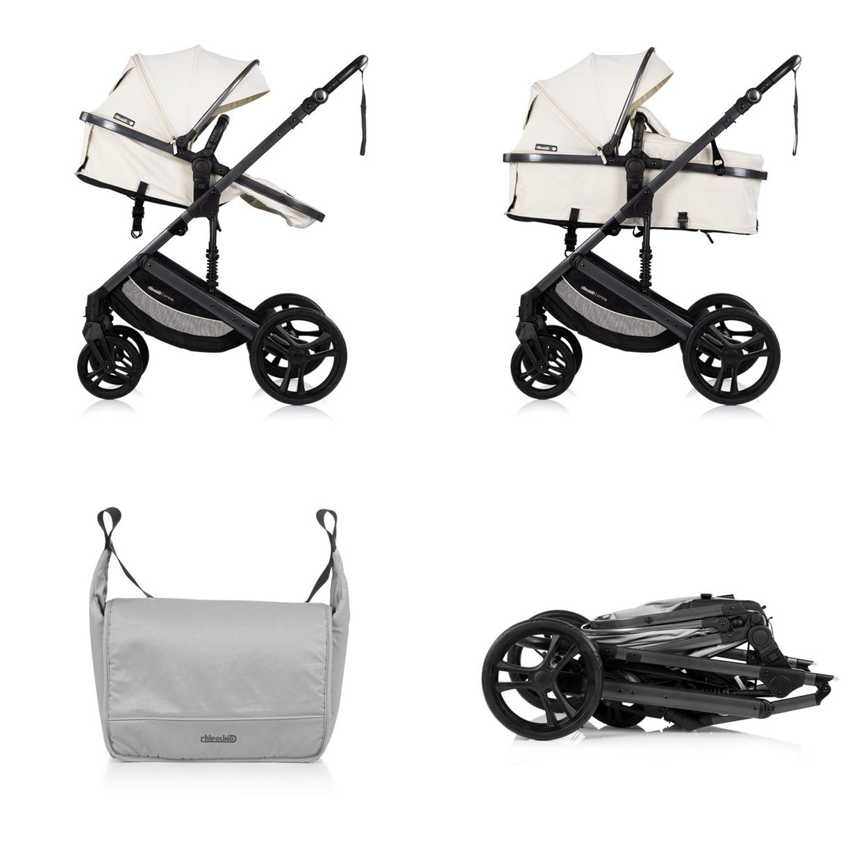 Ein Kinderwagen-Set mit Sitz, Liegewanne, Tasche und zusammengeklapptem Gestell.