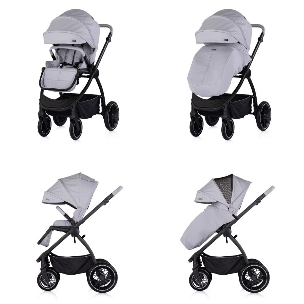 Zwei graue Kinderwagen mit schwarzen Details auf weißem Hintergrund.