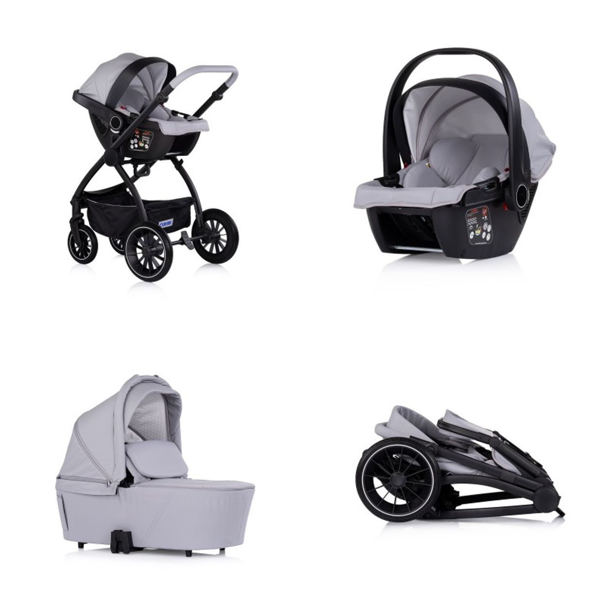 Grauer Kinderwagen, Autositz, Babywanne und zusammengeklappter Kinderwagen.