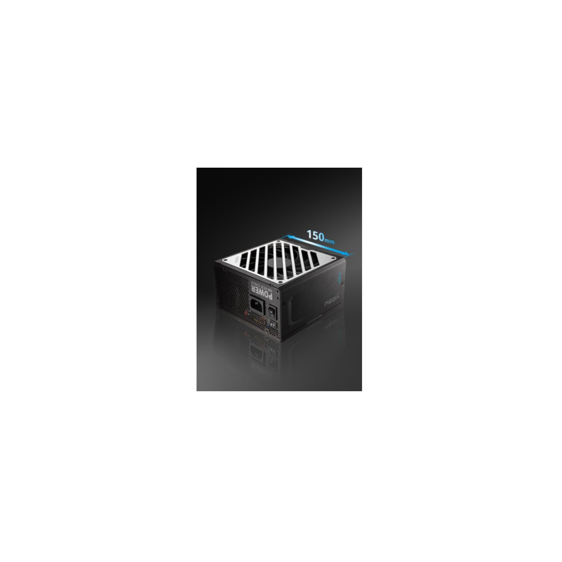 Alimentatore nero con parte superiore argentata ed etichetta 150mm.