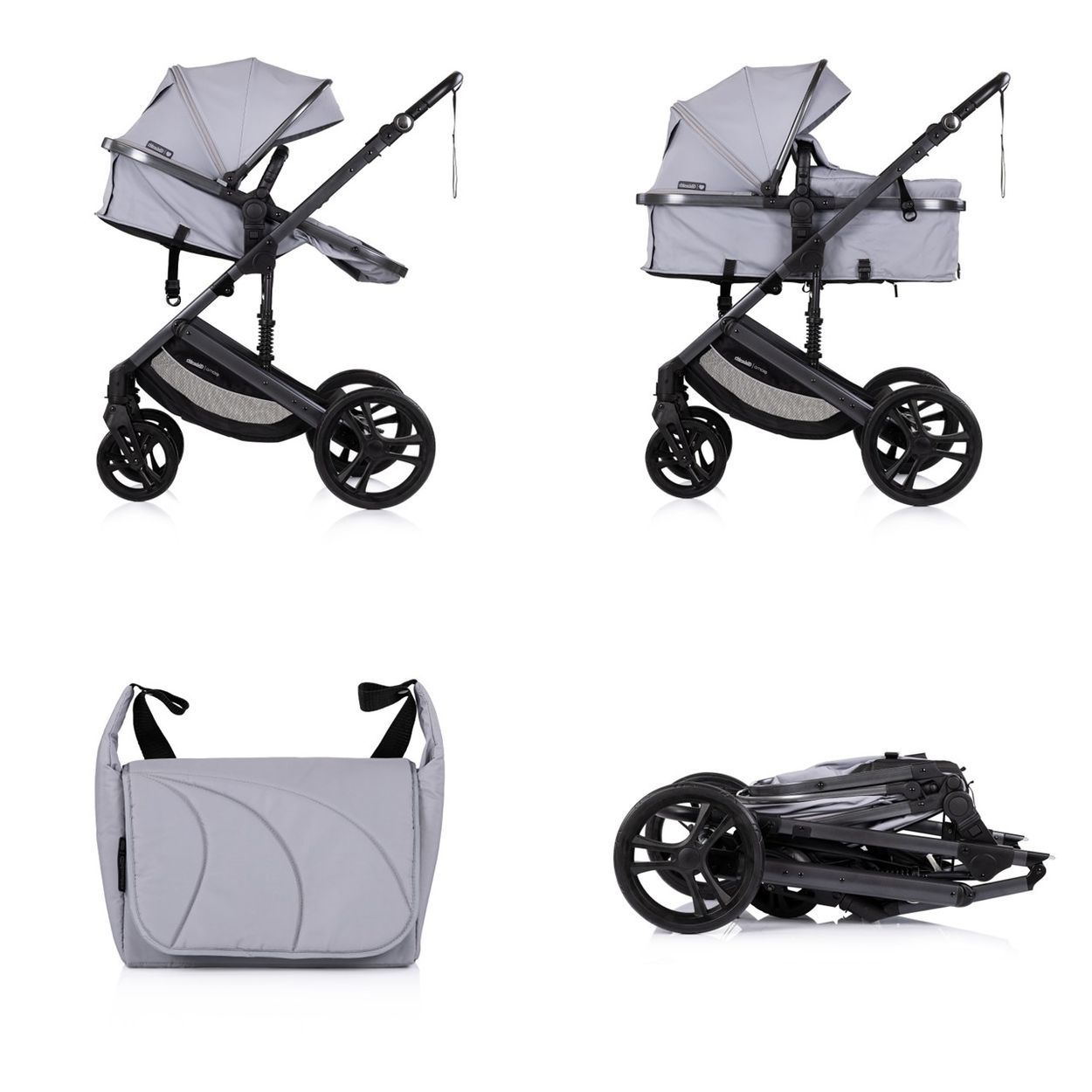 Ein grauer Kinderwagen, eine Babywanne, eine Tasche und zusammengeklappt.