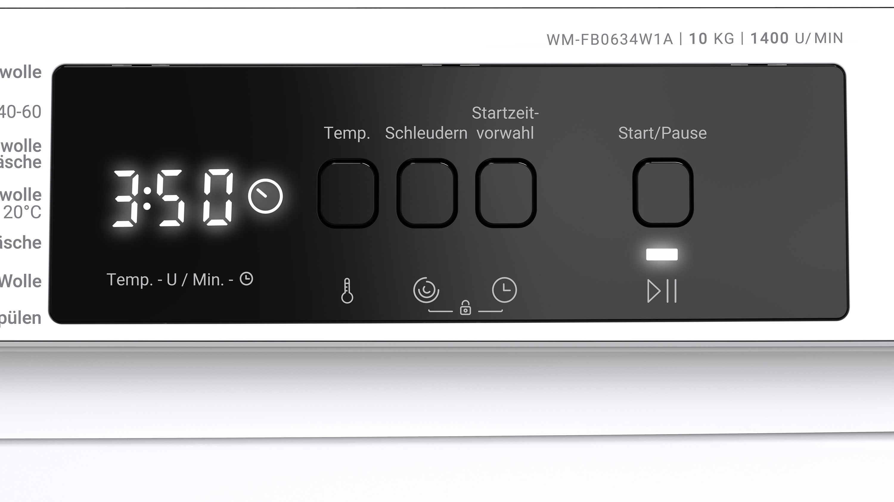 Digitalanzeige einer Waschmaschine mit Zeit, Temperatur und Programmauswahl.