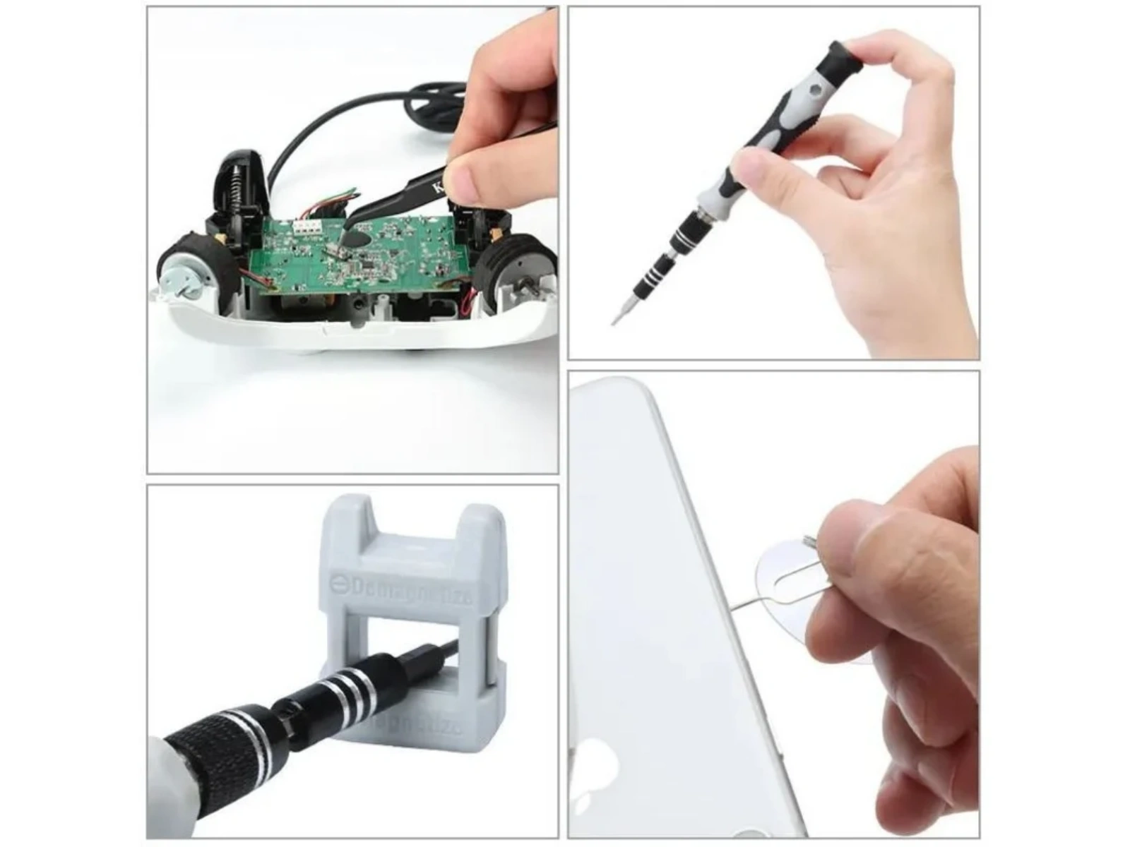 Vier Bilder zeigen Werkzeuge und deren Anwendung an Elektronik und Geräten.