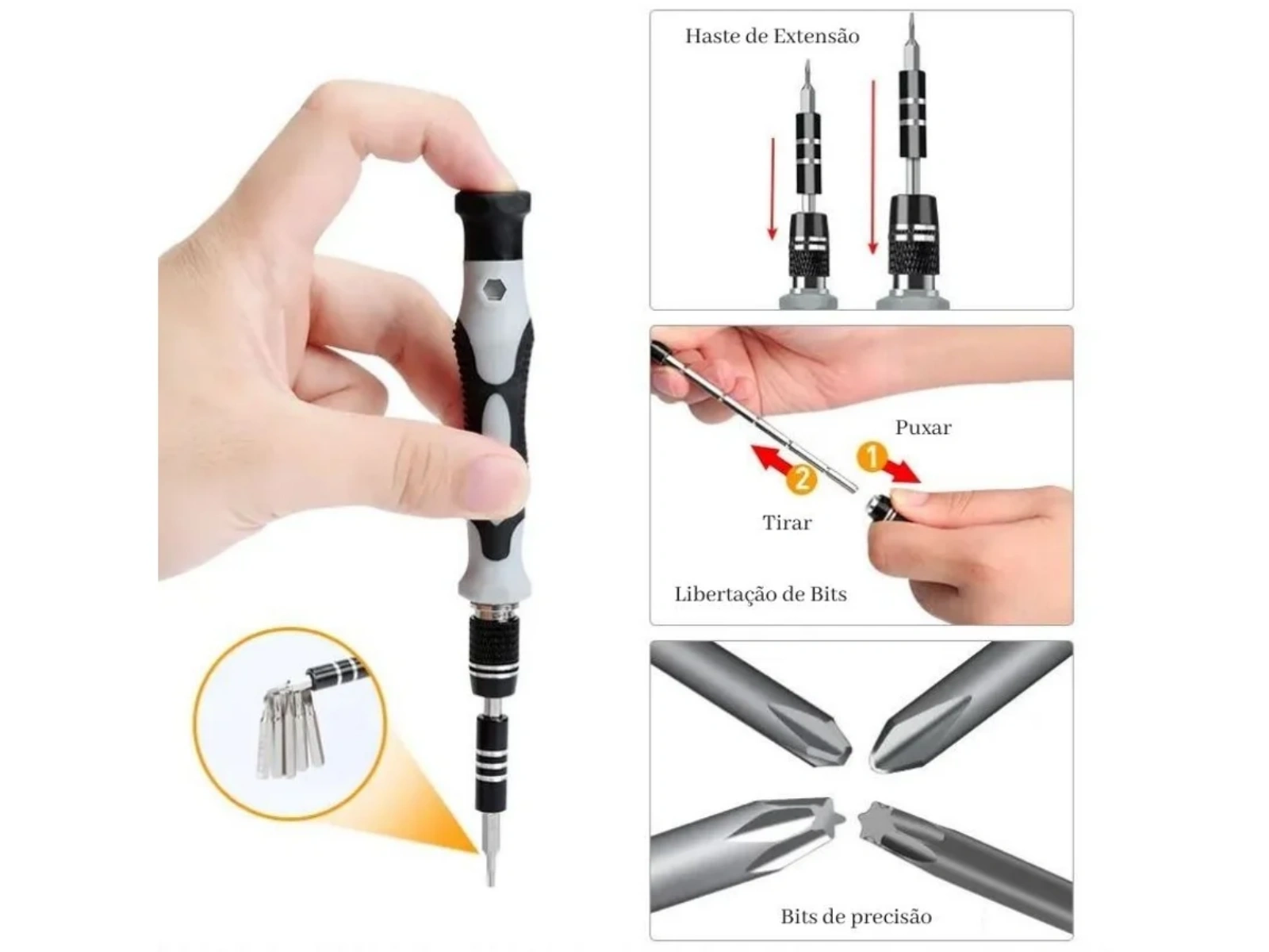 Ein Satz Präzisionsschraubendreher mit verschiedenen Bits, die von einer Hand gehalten werden.