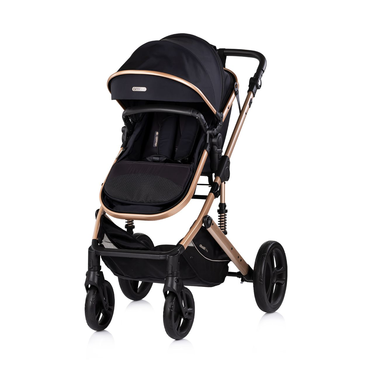 Ein schwarzer Kinderwagen mit goldfarbenem Rahmen und Rädern.