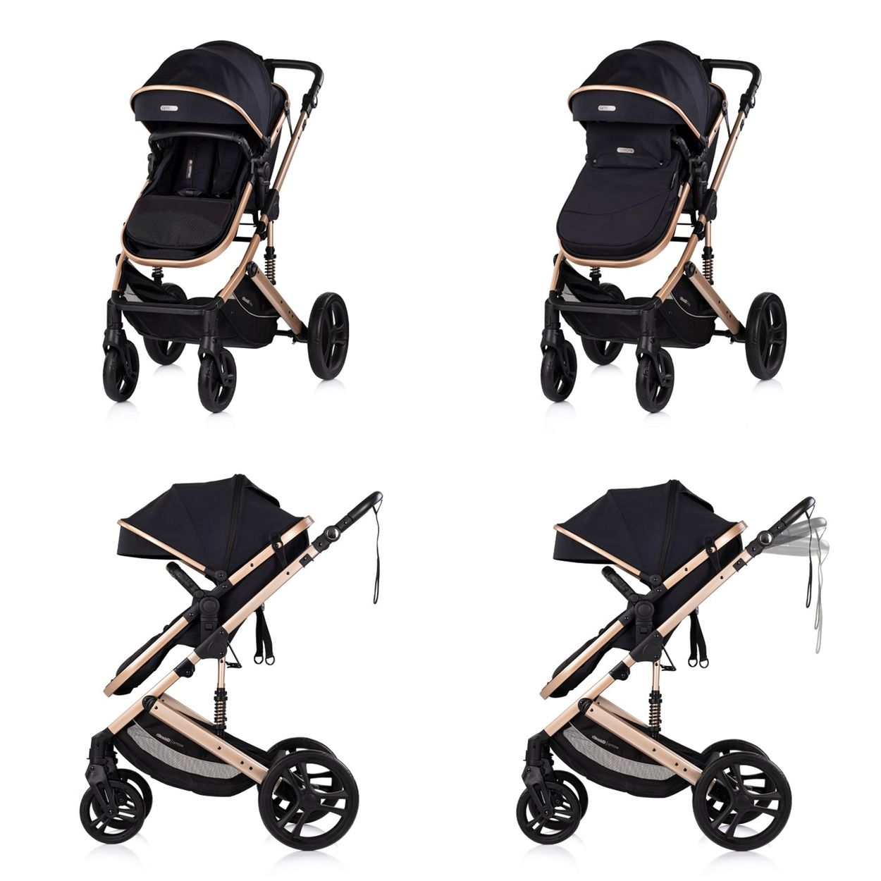 Ein schwarzer Kinderwagen mit goldenem Rahmen in vier Ansichten.
