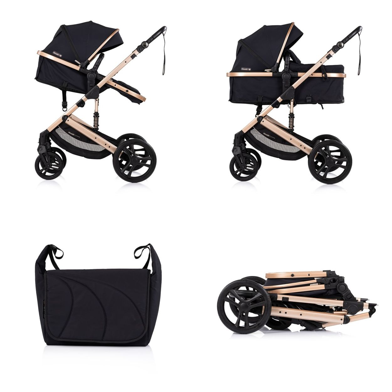 Ein schwarzer Kinderwagen mit goldenem Rahmen, zusammengeklappt und als Tasche.