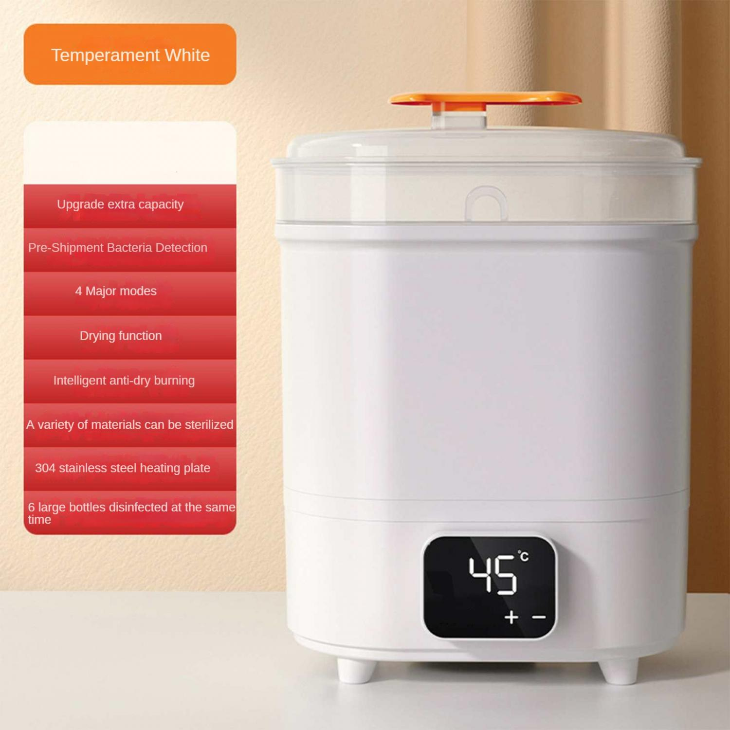 Weißer Sterilisator mit orangefarbenem Griff, Digitalanzeige zeigt 45°C. Merkmale links aufgeführt.