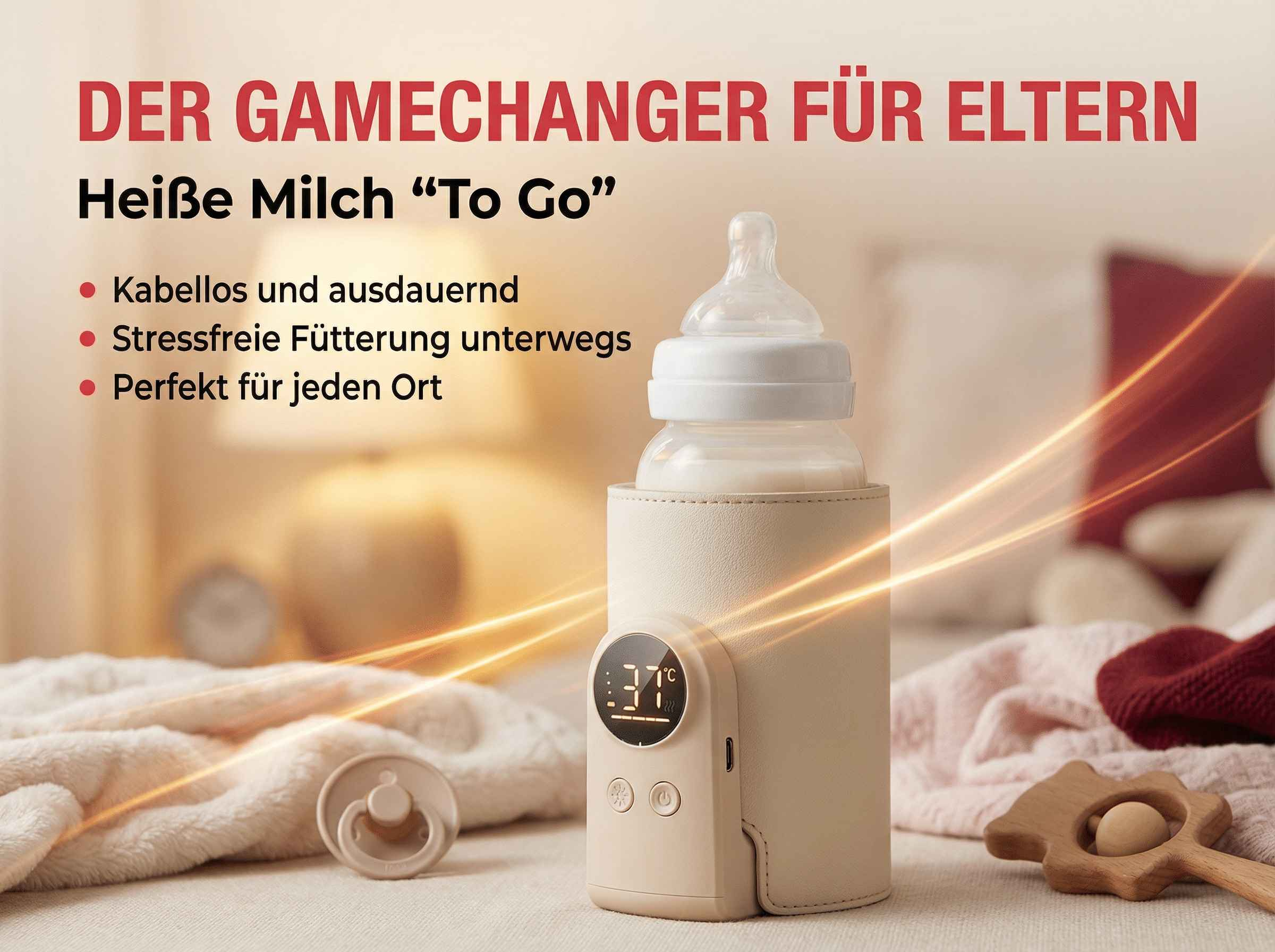 Ein Flaschenwärmer mit digitaler Anzeige von 37°C neben Babyzubehör.