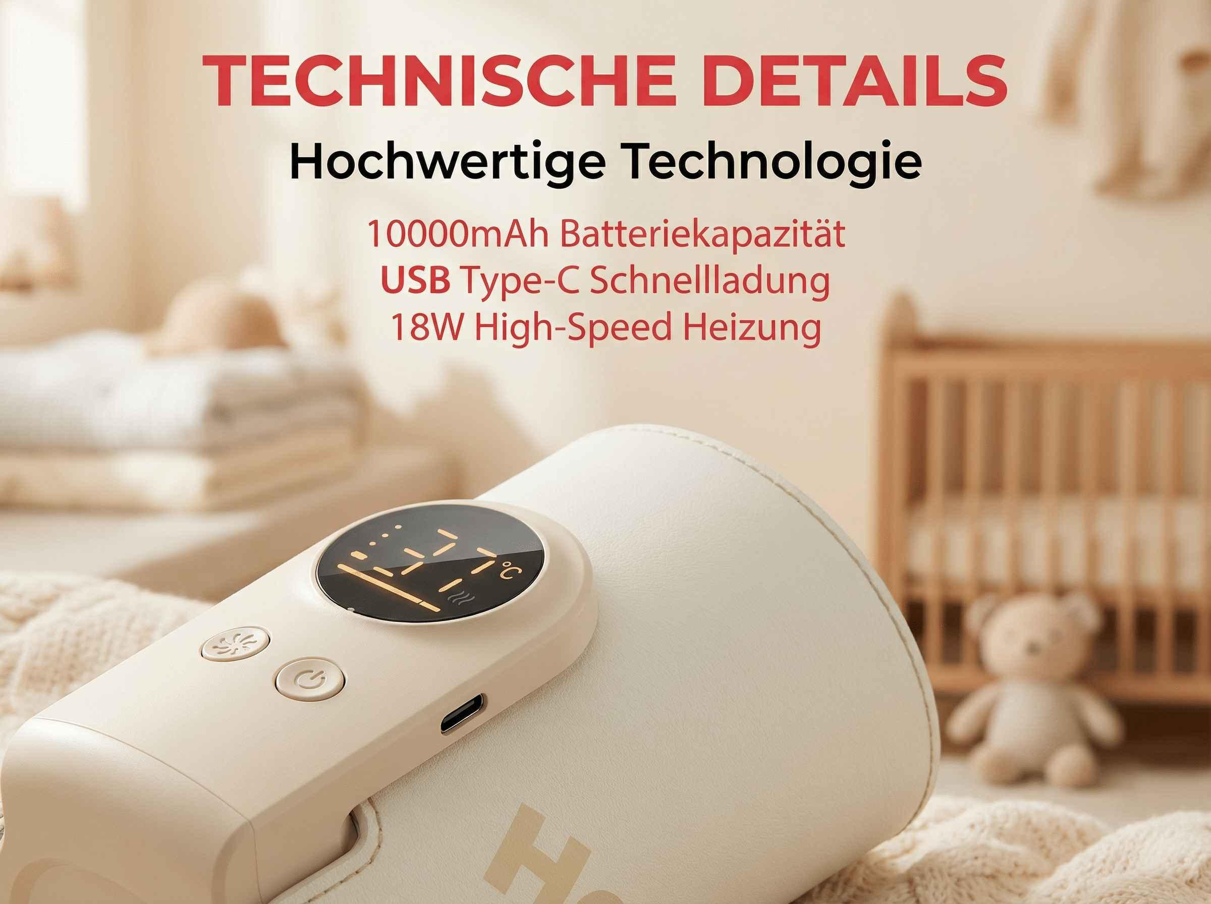 Ein beigefarbener Flaschenwärmer mit LED-Anzeige und Tasten, im Hintergrund ein Babybett.