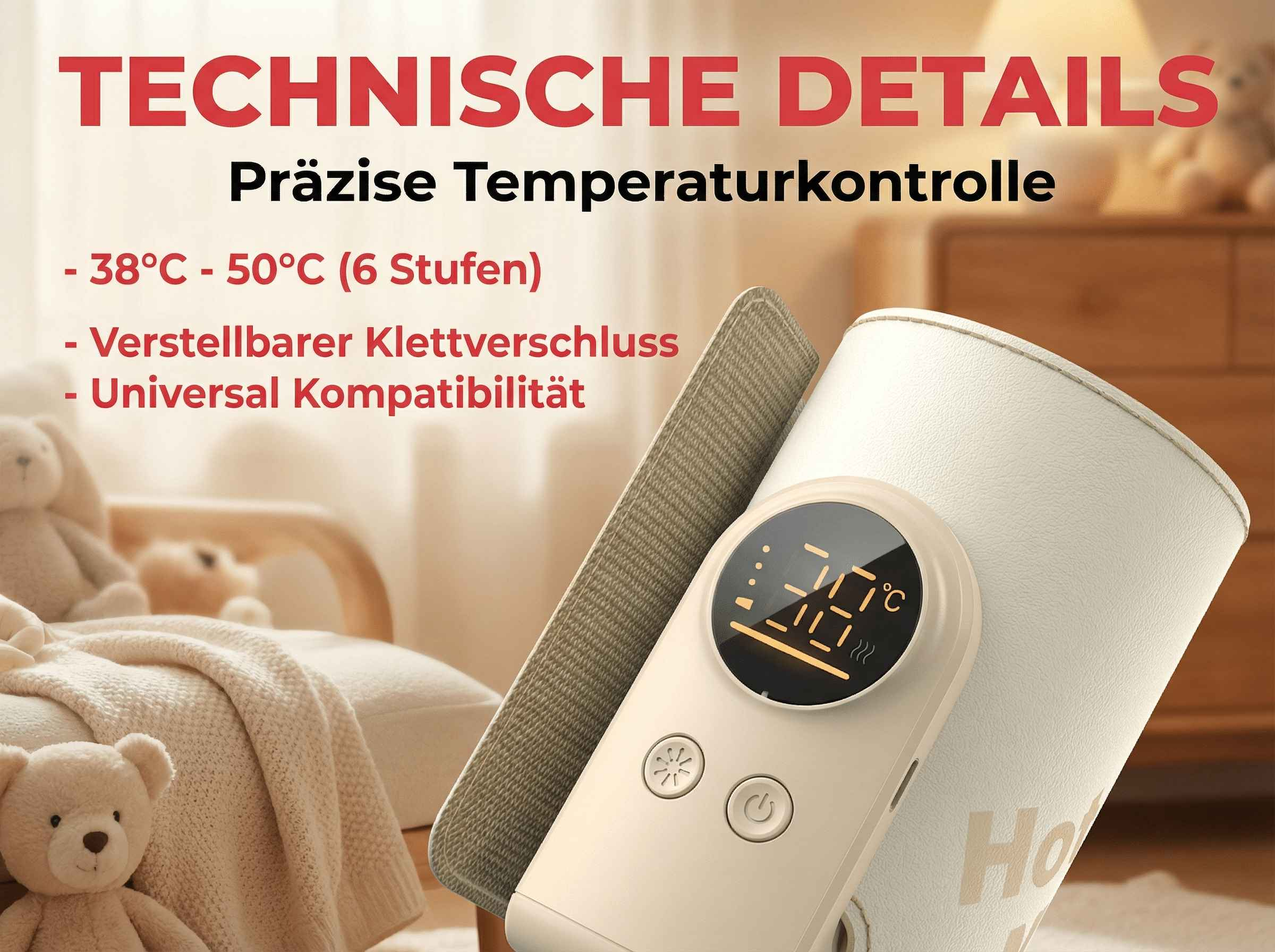 Technische Details: Temperatur 38-50°C, Klettverschluss, Universal.