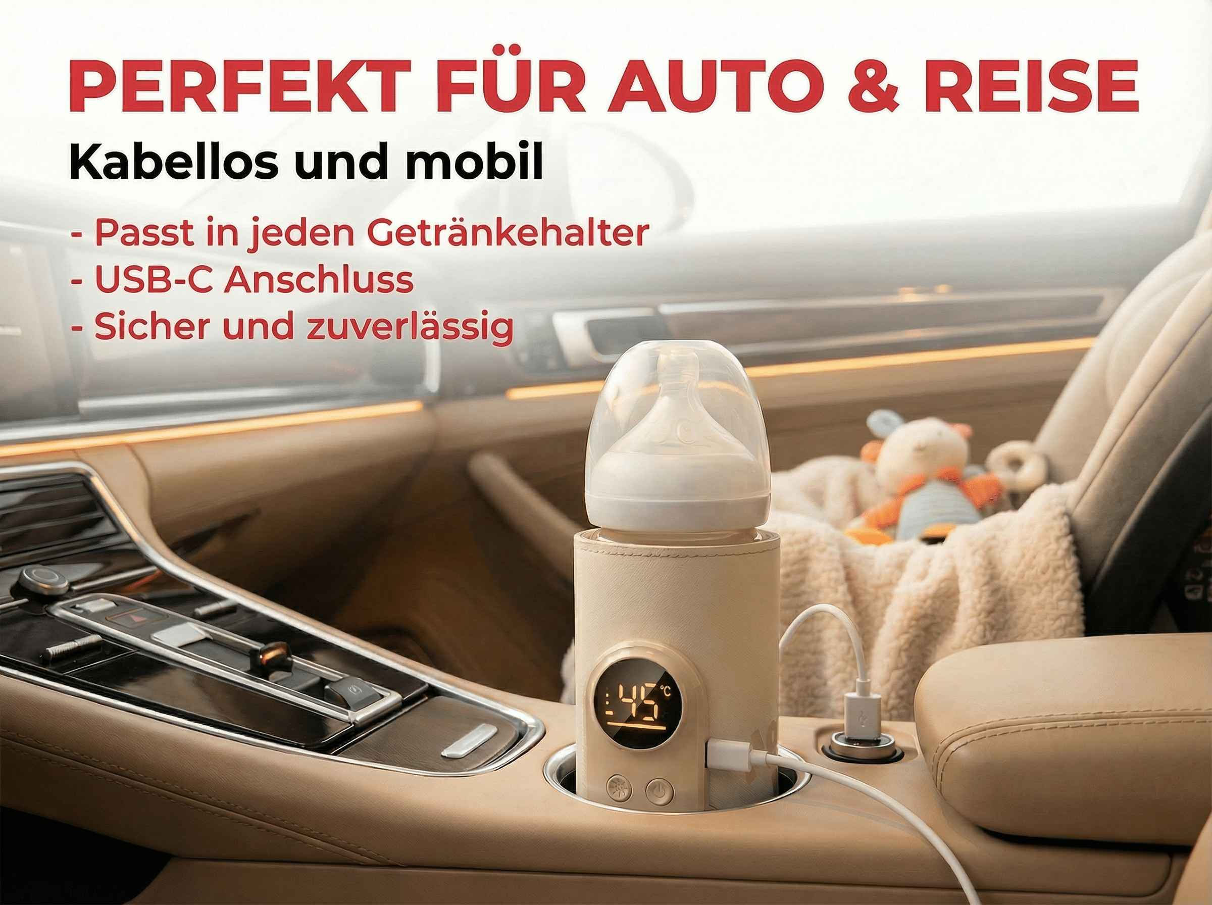 Ein Flaschenwärmer mit Display im Auto, ideal für unterwegs.