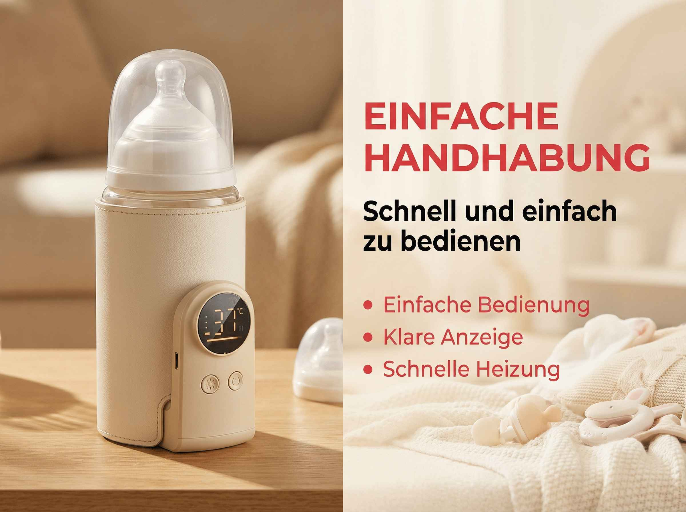 Ein Babyflaschenwärmer mit Digitalanzeige steht auf einem Tisch.