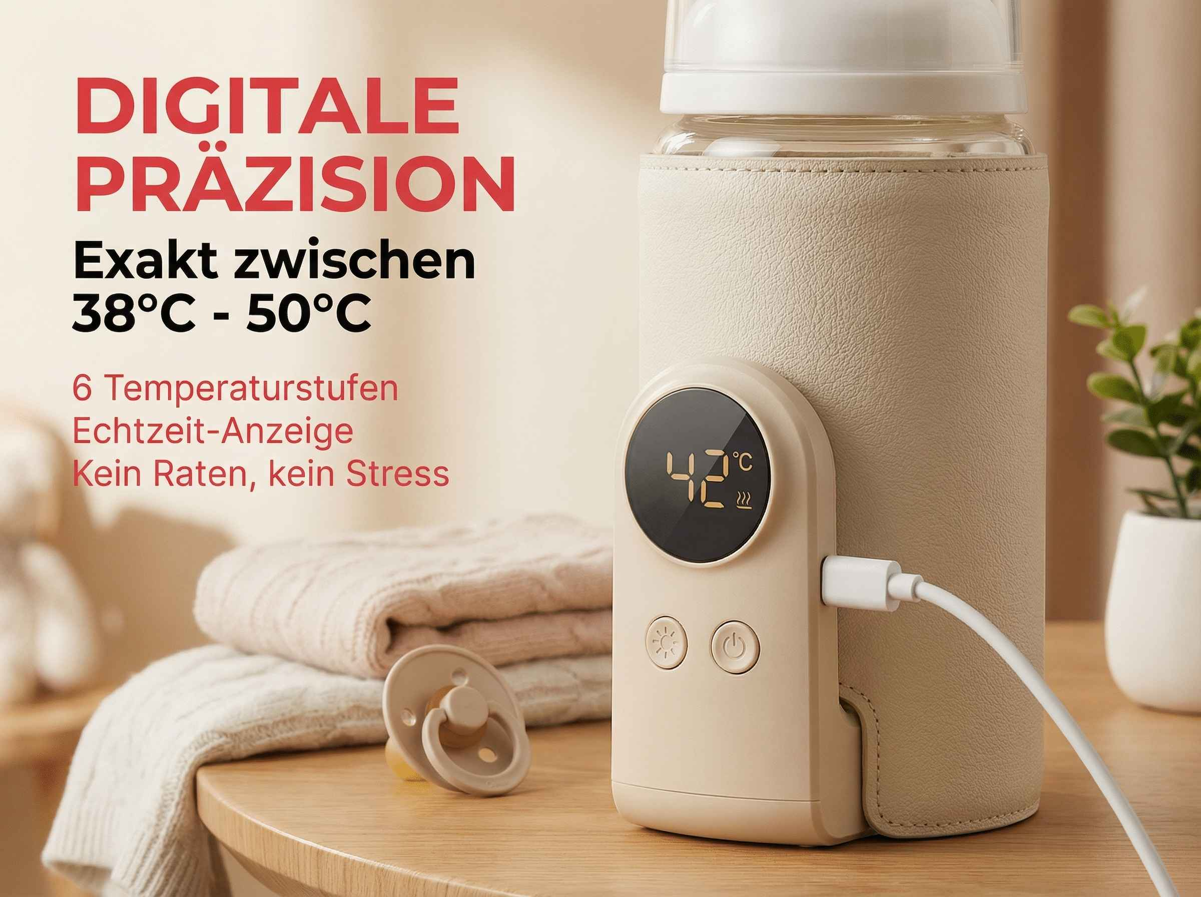 Ein digitaler Flaschenwärmer mit 42°C Anzeige, beige Hülle, daneben Windeln und Schnuller.