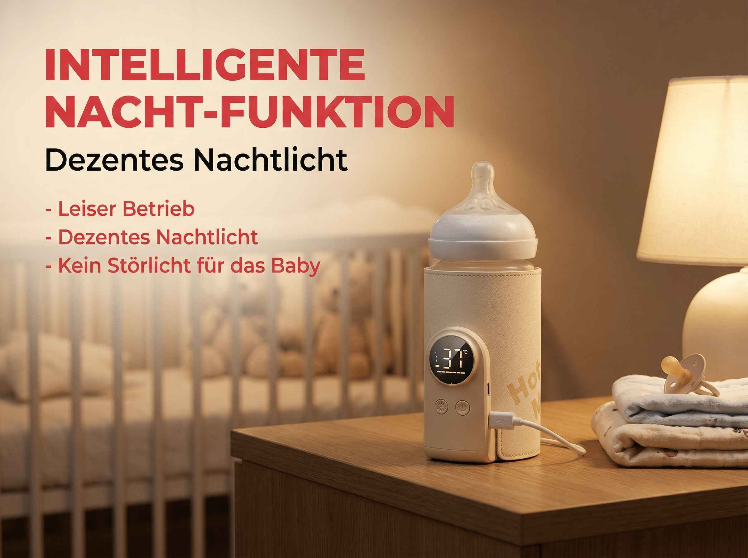 Ein Babyflaschenwärmer mit Digitalanzeige steht neben einem Strampler und Schnuller.