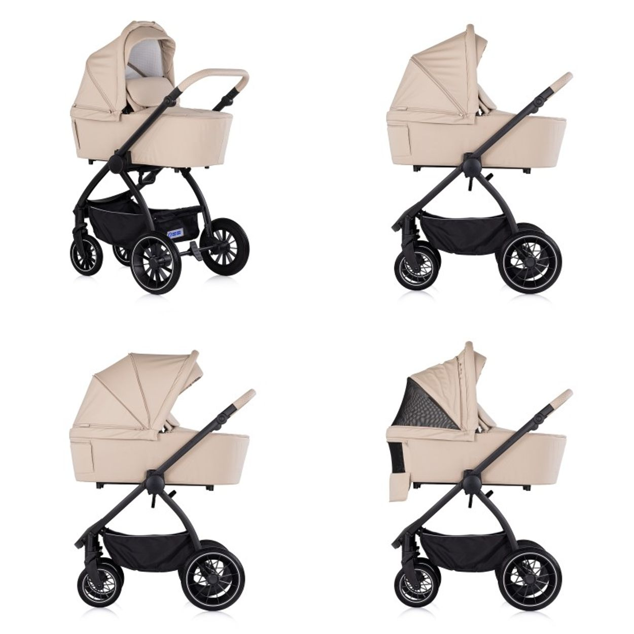 Beigefarbener Kinderwagen mit schwarzem Gestell und Rädern, vier Ansichten.