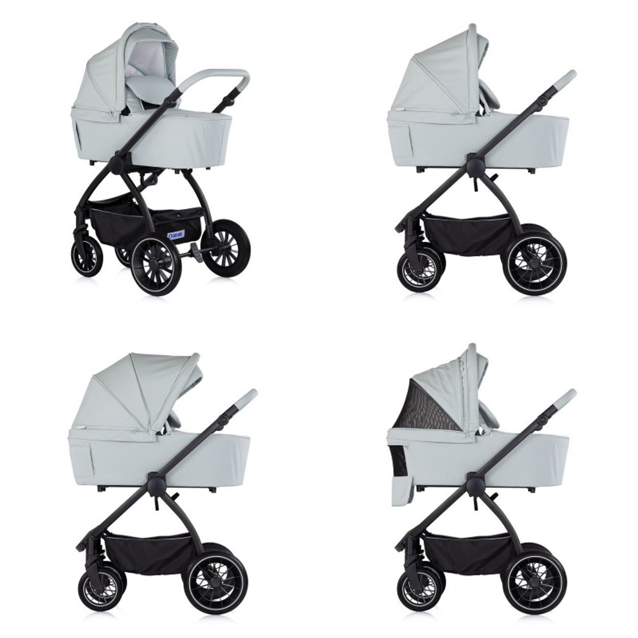 Ein hellgrüner Kinderwagen mit schwarzem Gestell und Korb, von vorne und von der Seite.