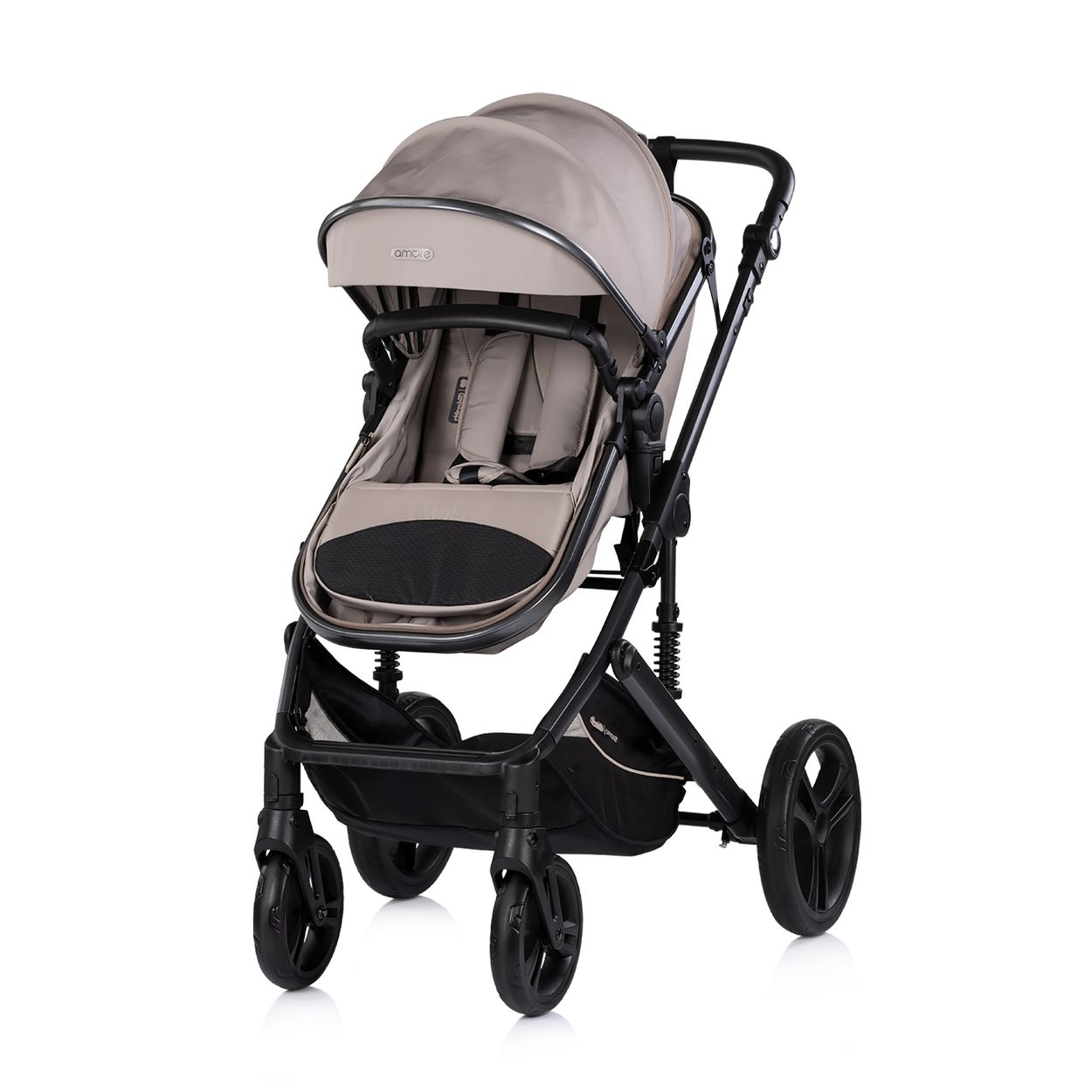 Ein beiger Kinderwagen mit schwarzem Rahmen und Rädern, mit Sonnendach.