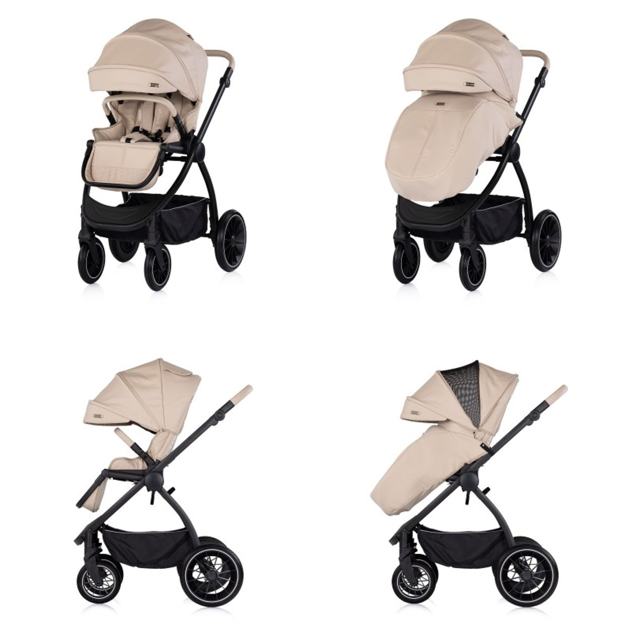 Ein beiger Kinderwagen mit schwarzem Korb und Rädern, vorne und hinten.
