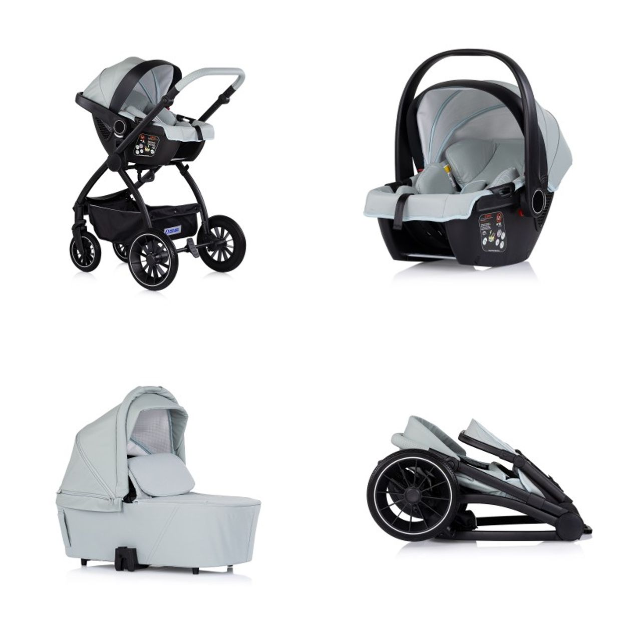 Ein Kinderwagen, eine Babyschale, eine Babywanne und ein zusammengeklappter Kinderwagen.