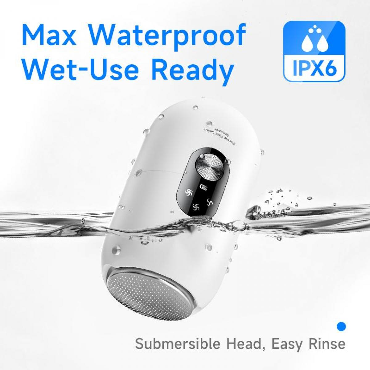 Ein weißer elektrischer Hornhautentferner taucht in Wasser ein, IPX6-zertifiziert.