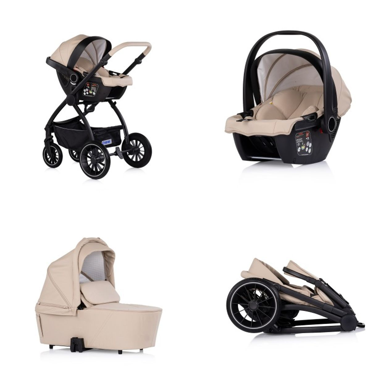 Ein Kinderwagen, eine Babyschale, eine Babywanne und ein zusammengeklappter Kinderwagen.
