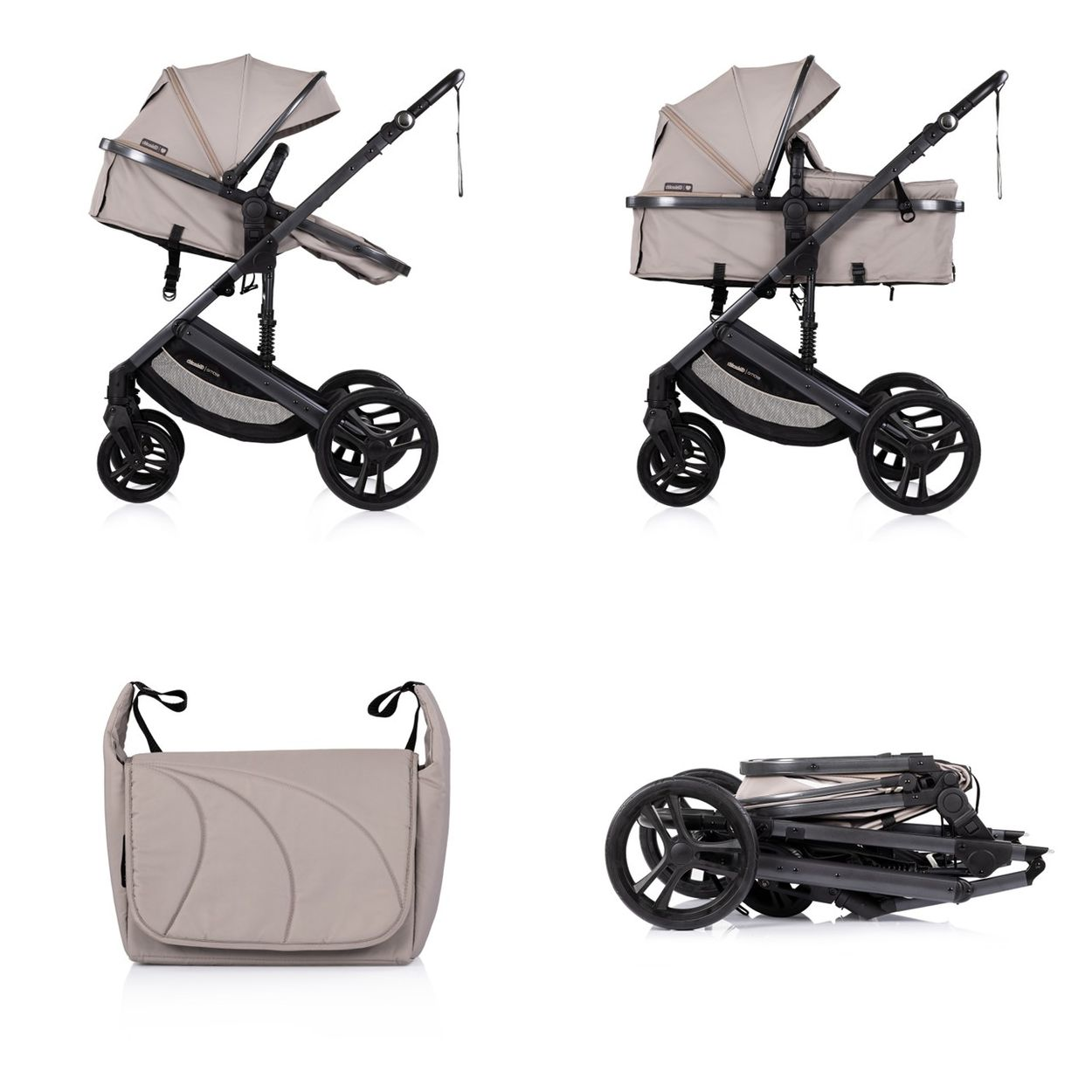 Vier Bilder eines Kinderwagens in Beige und Schwarz. Ein aufgestellter, ein sitzender, eine Tasche und ein zusammengeklappter.