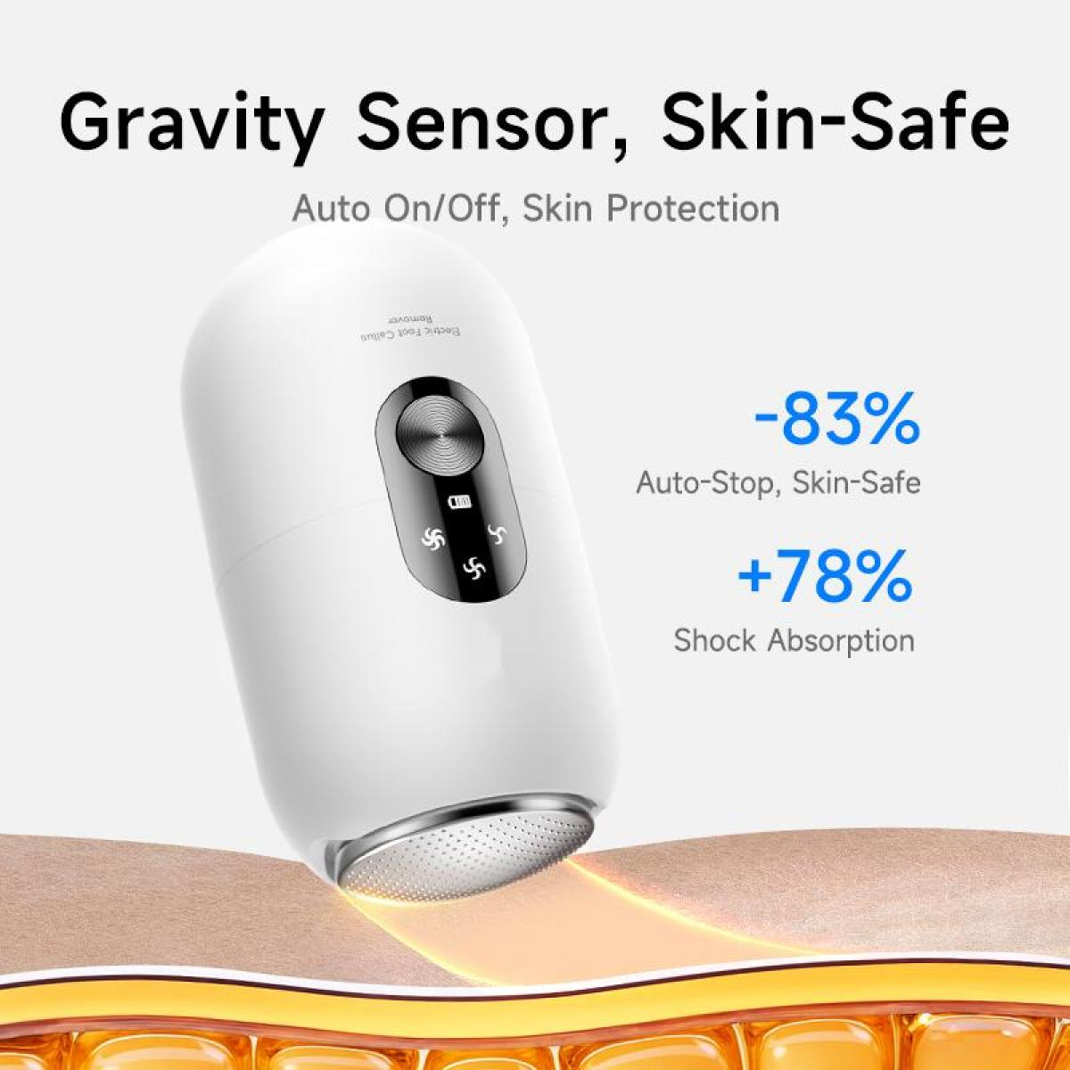 Ein weißes Fußpflegegerät mit Schwerkraftsensor wird über Haut gezeigt.