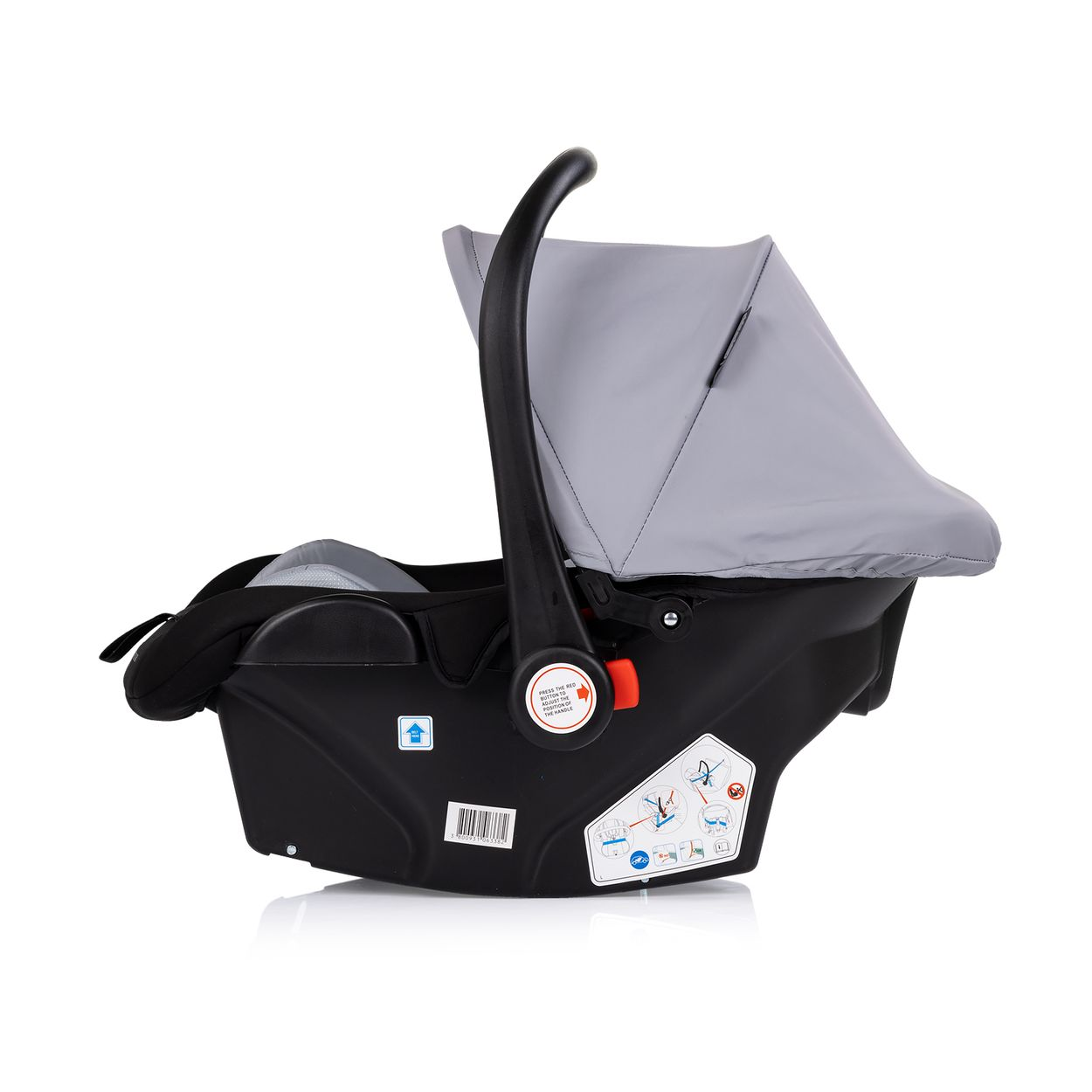 Schwarze Babyschale mit grauem Verdeck und Griff, auf weißem Hintergrund.