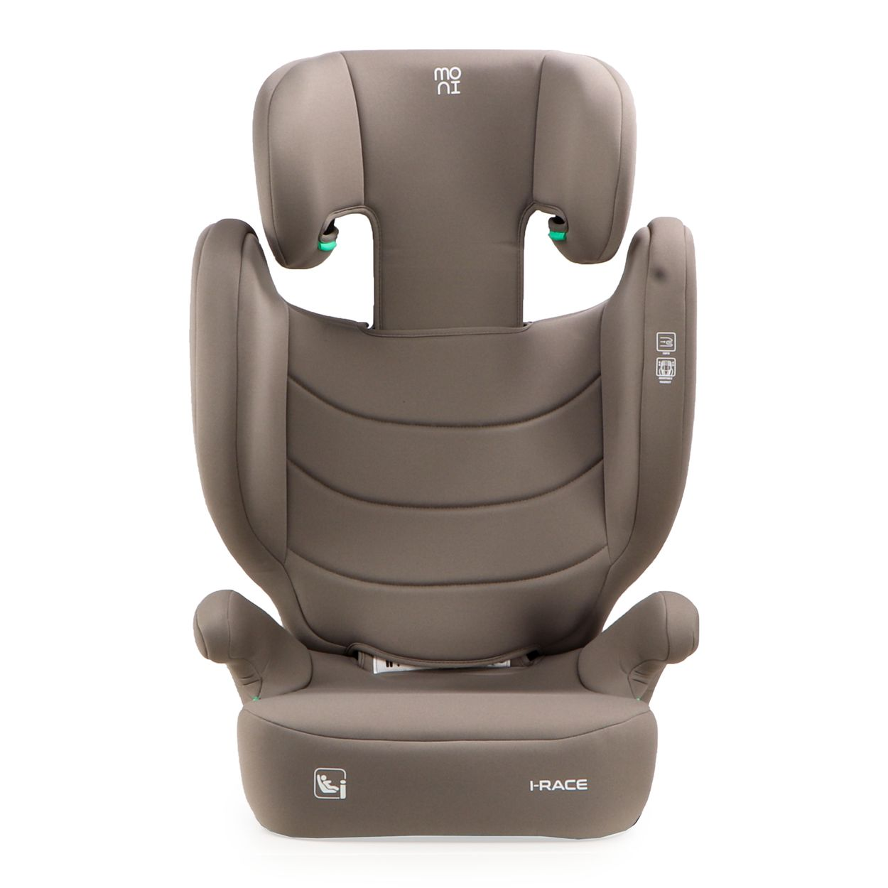 Ein beiger Kindersitz mit verstellbarer Kopfstütze und Armlehnen.