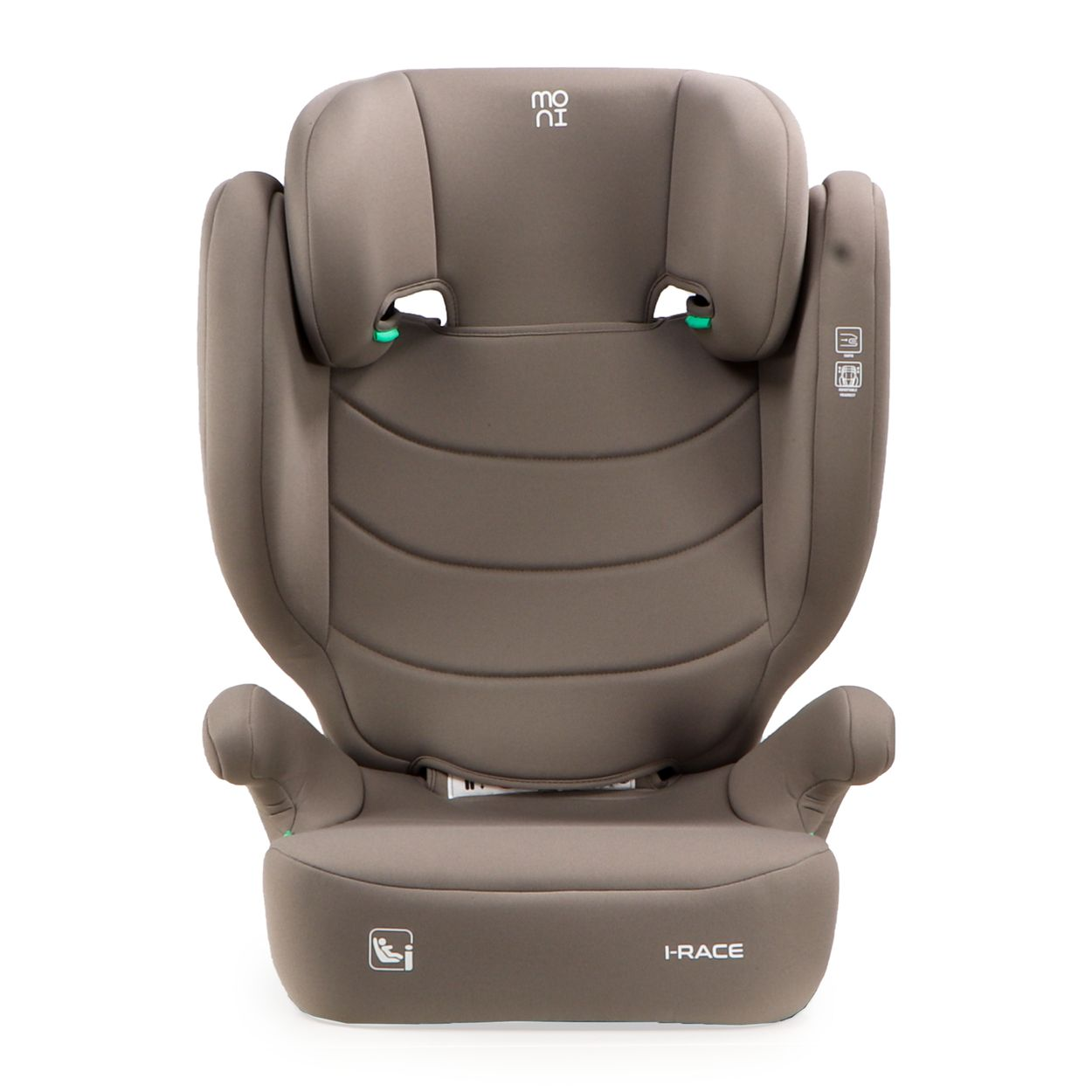 Ein brauner Kindersitz mit Armlehnen und Kopfstütze, Logo oben.