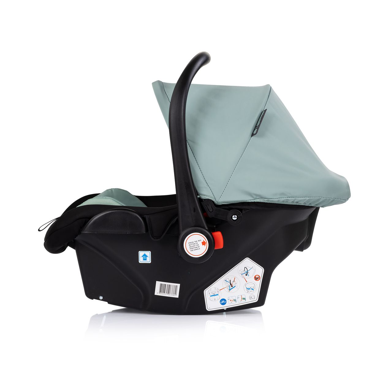 Schwarze Babyschale mit verstellbarem Sonnendach in Salbeigrün und schwarzem Griff.