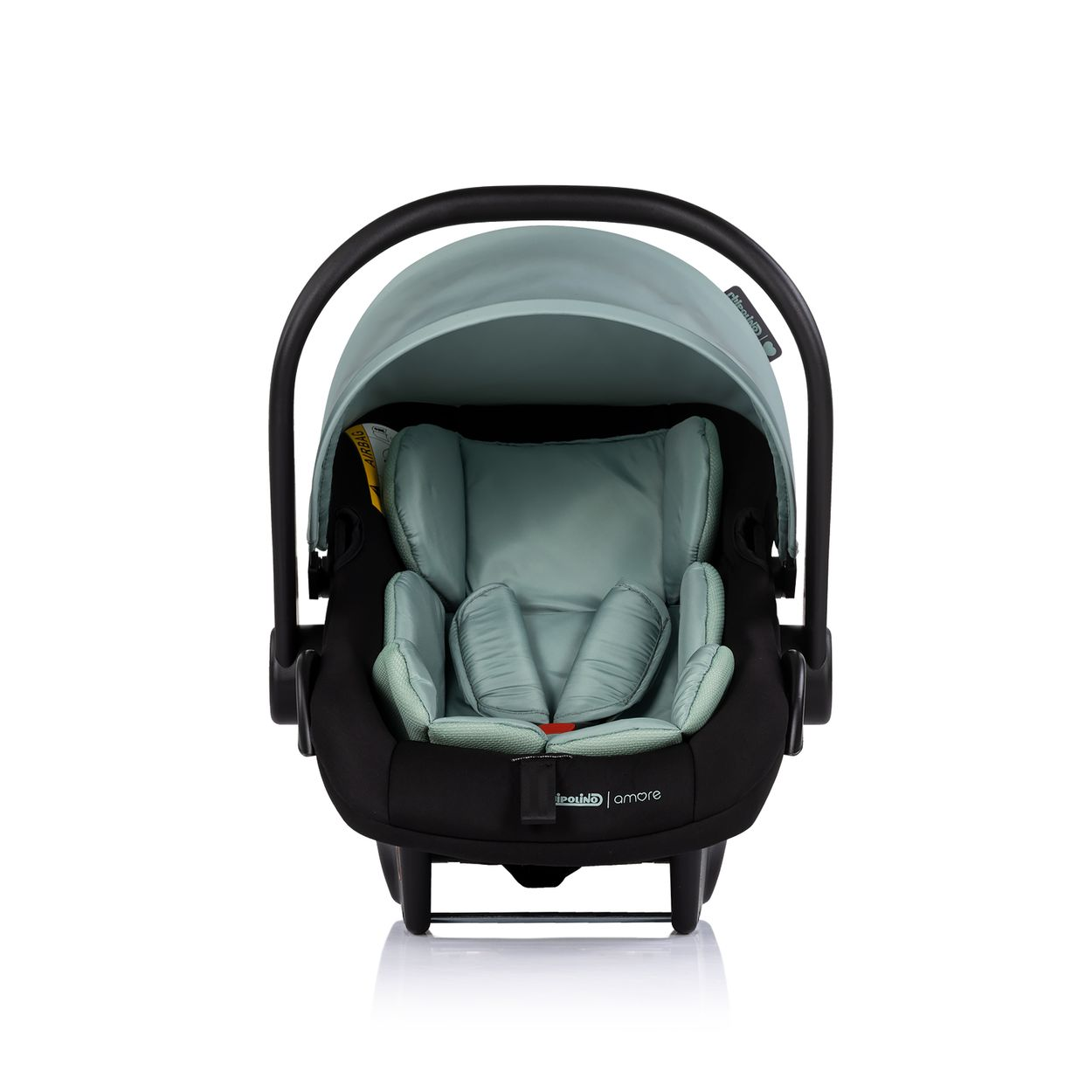 Ein mintgrüner Babysitz mit schwarzem Griff und Verdeck, auf weißem Hintergrund.