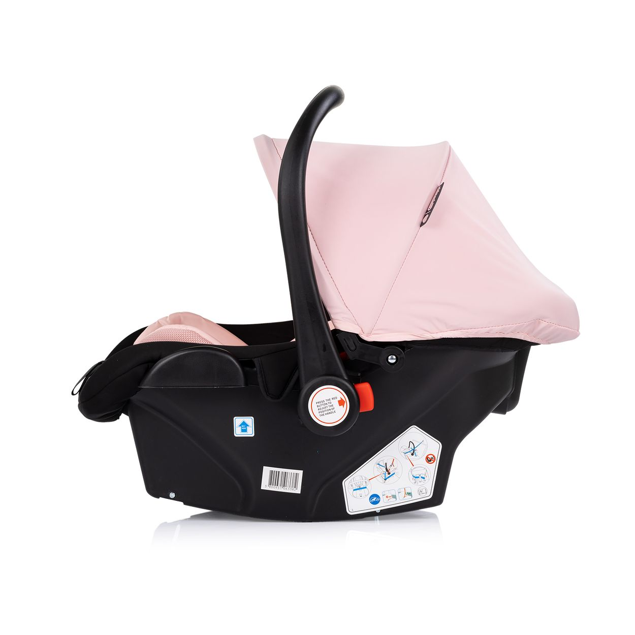 Ein rosafarbener Kinderautositz mit schwarzem Griff und Basis.