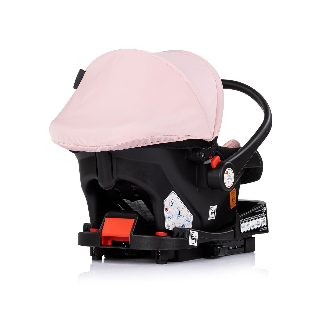 Ein rosa Sonnendach bedeckt einen schwarzen Kindersitz mit Griff.