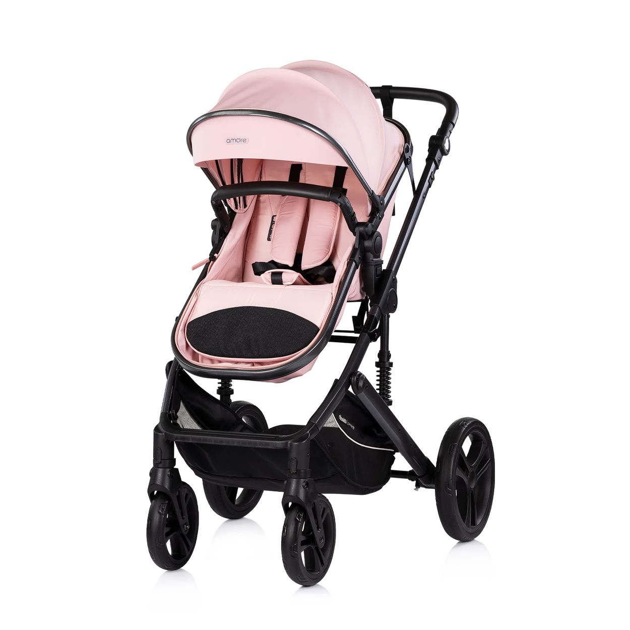 Ein rosafarbener Kinderwagen mit schwarzem Gestell und Rädern.