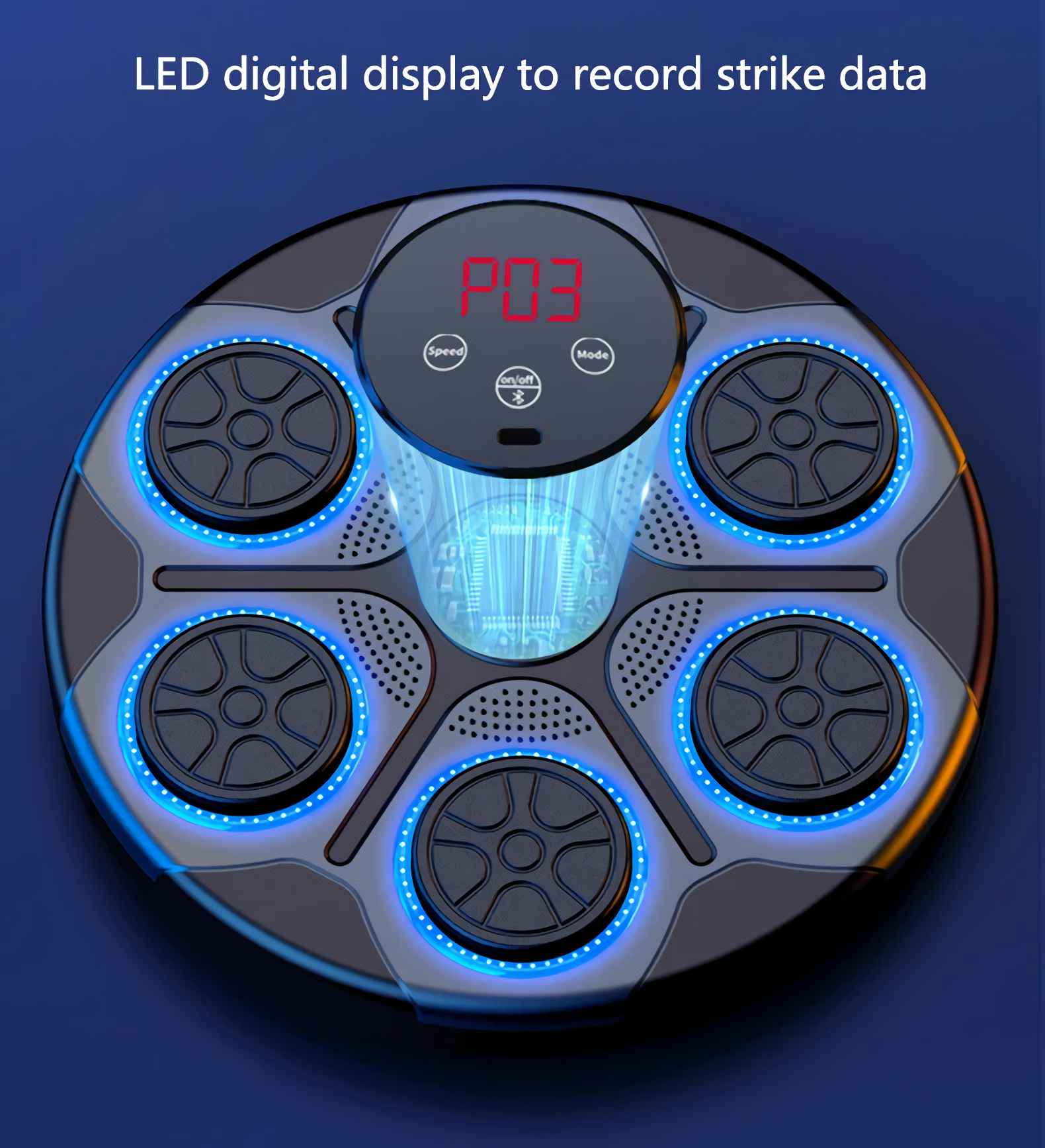 Ein rundes, schwarzes Gerät mit blauen LED-Lichtern und einer roten Digitalanzeige 'P03'.