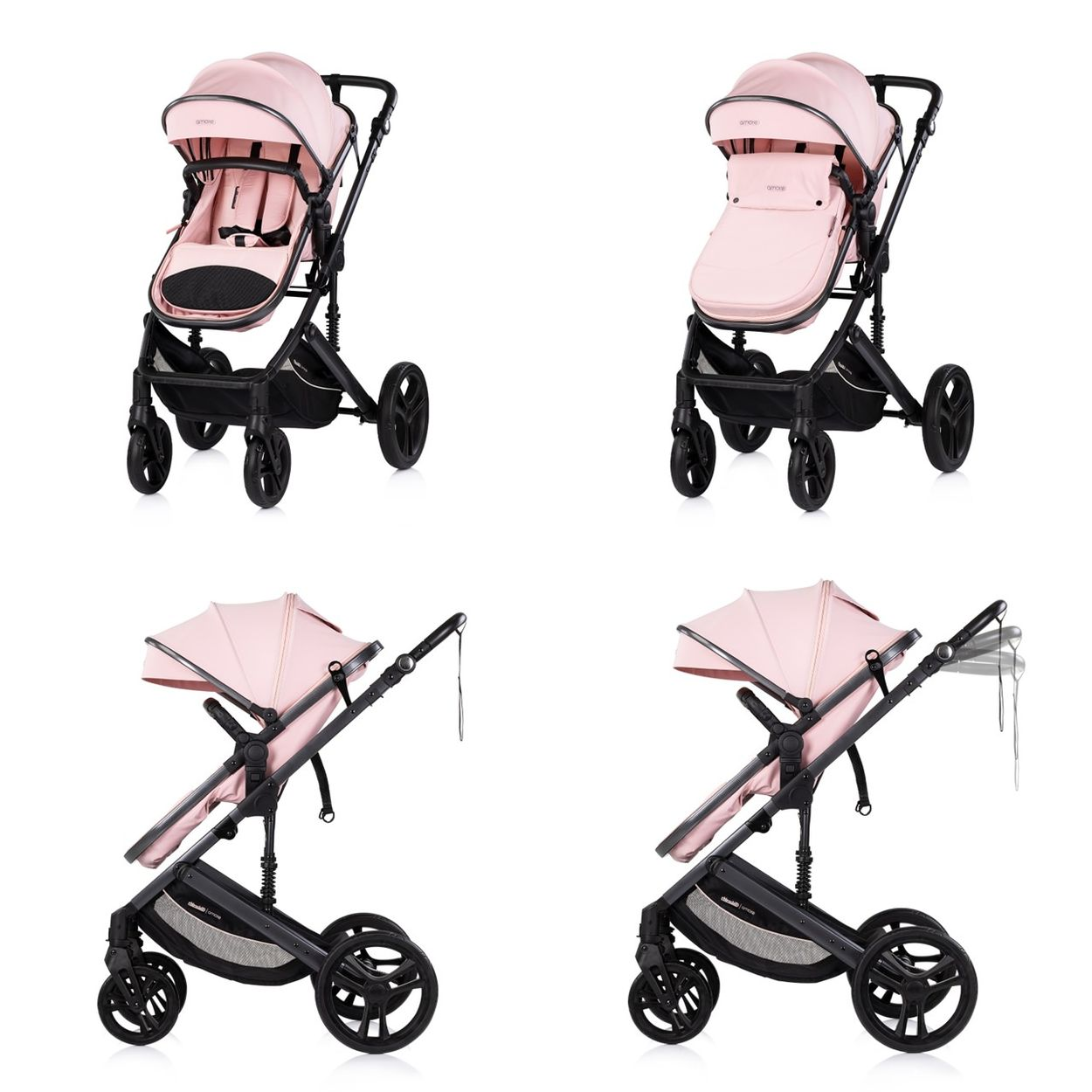 Rosa Kinderwagen mit schwarzem Rahmen und Rädern, verschiedene Ansichten.