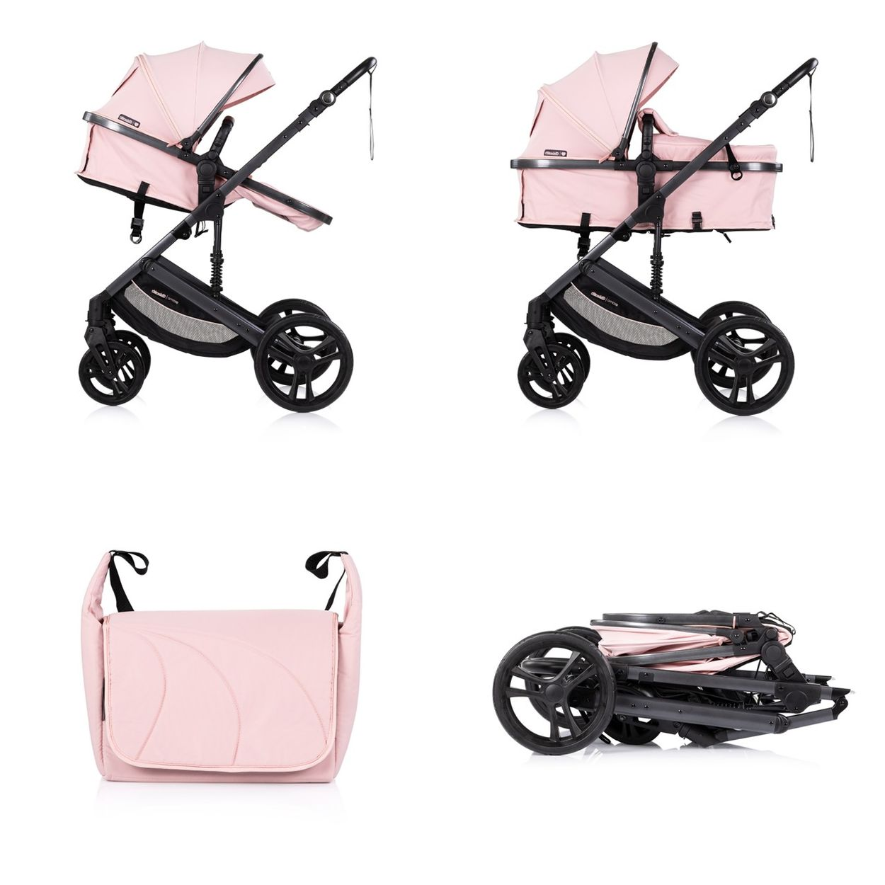 Ein rosa Kinderwagen und eine Tasche, zusammengeklappt und offen.