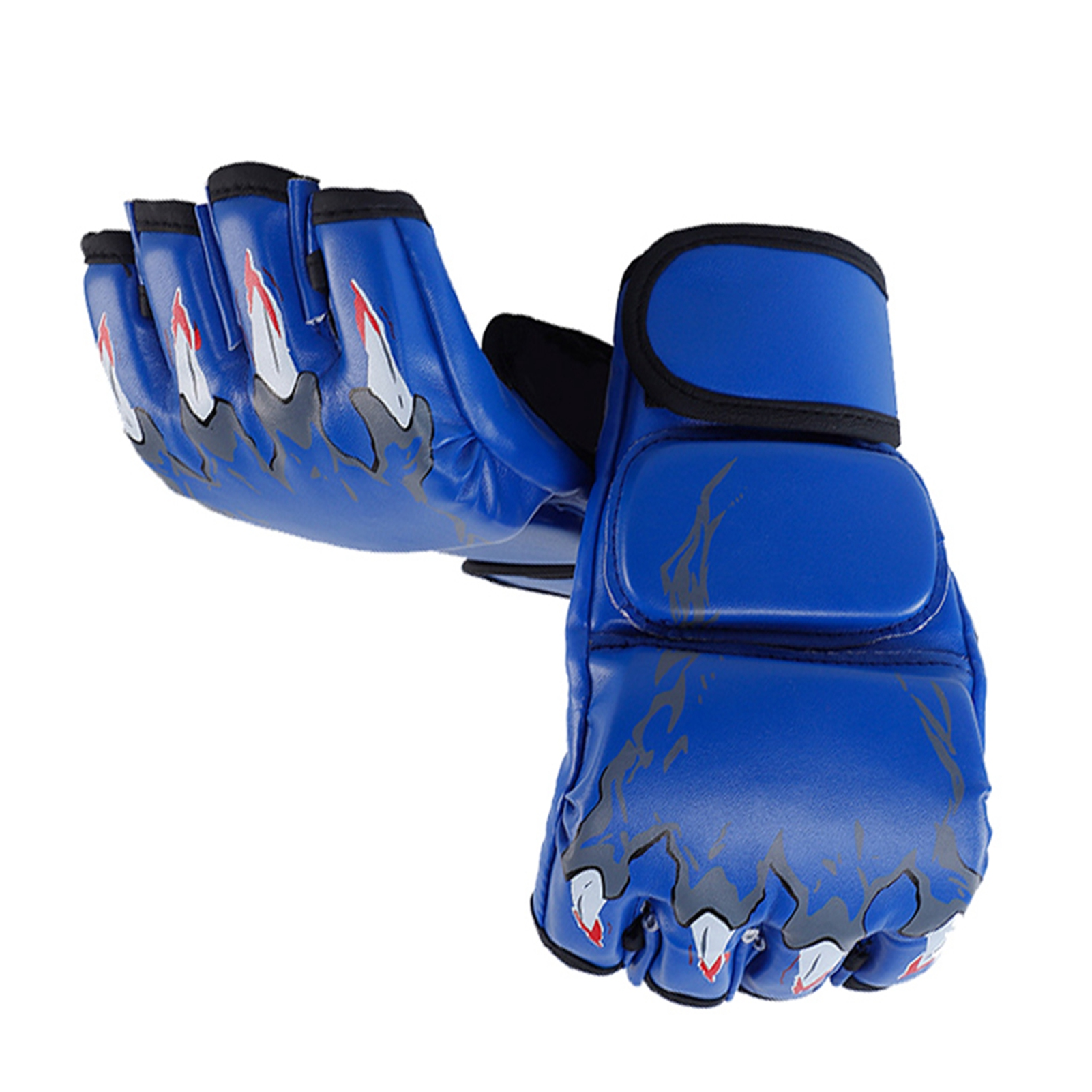 Blaue MMA-Handschuhe mit grauer Flammenverzierung und roter Spitze.