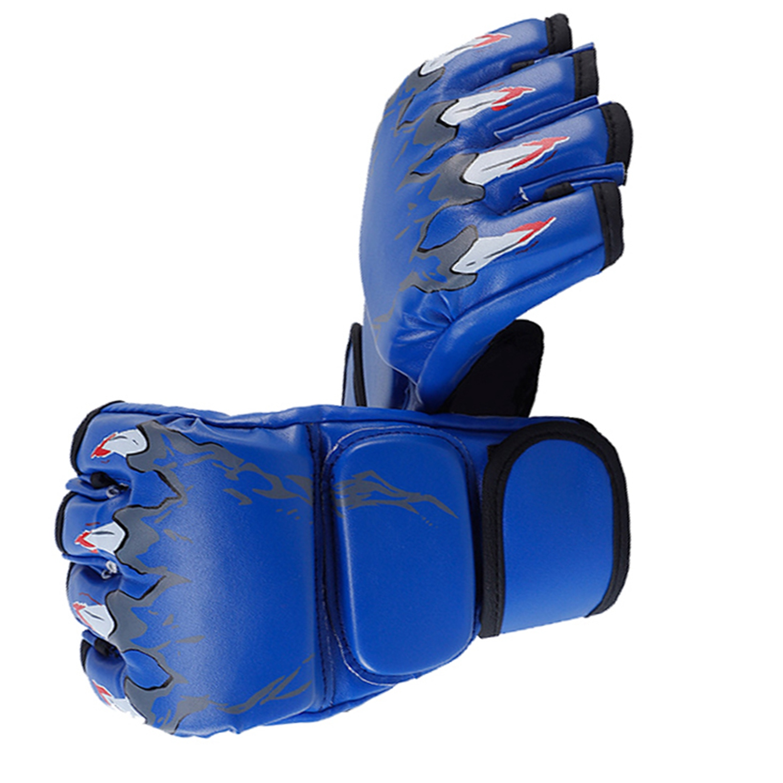 Blaue MMA-Handschuhe mit grauem Flammenmuster und roten Akzenten.