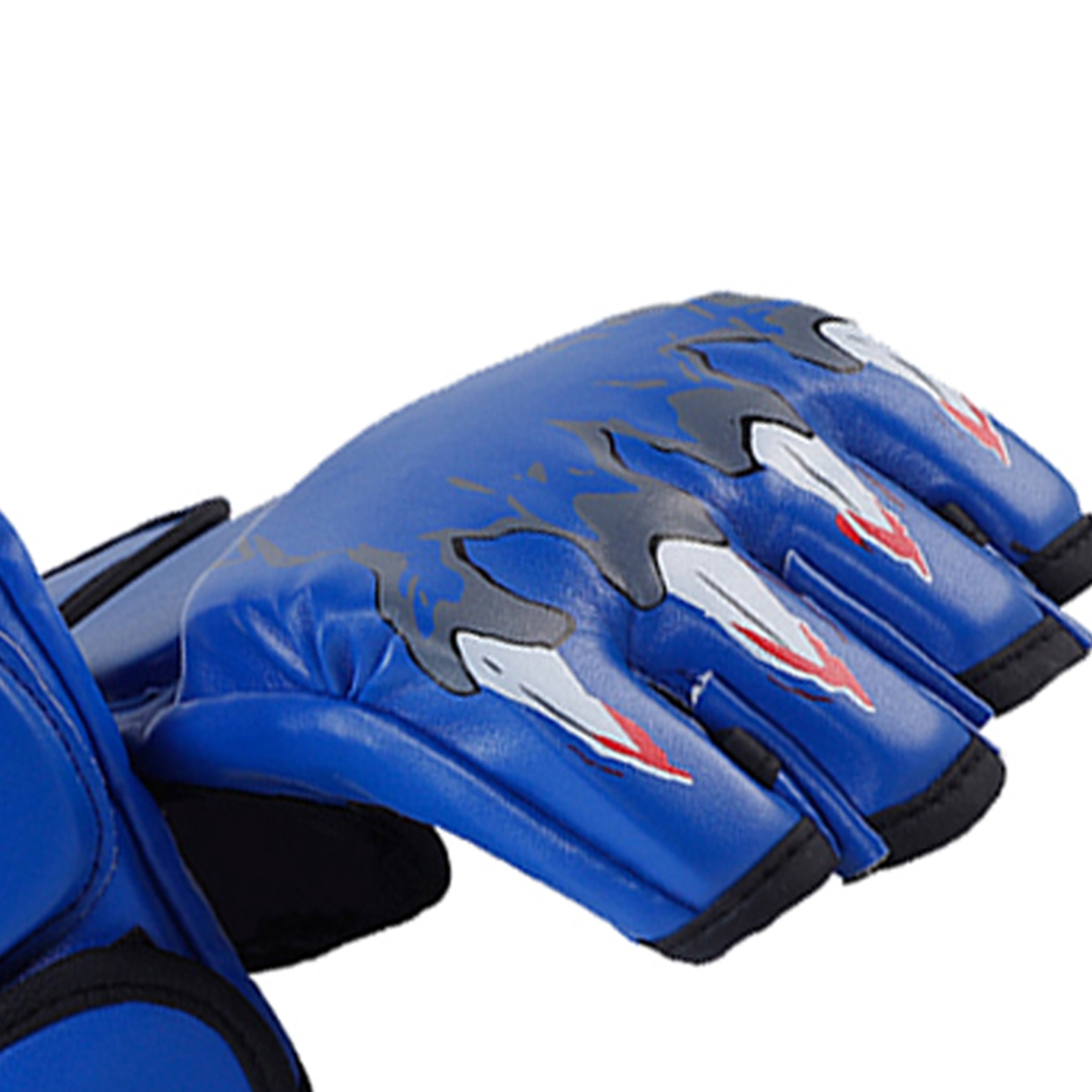 Blaue Handschuhe mit roten und weißen Flammenmotiven und schwarzen Akzenten.