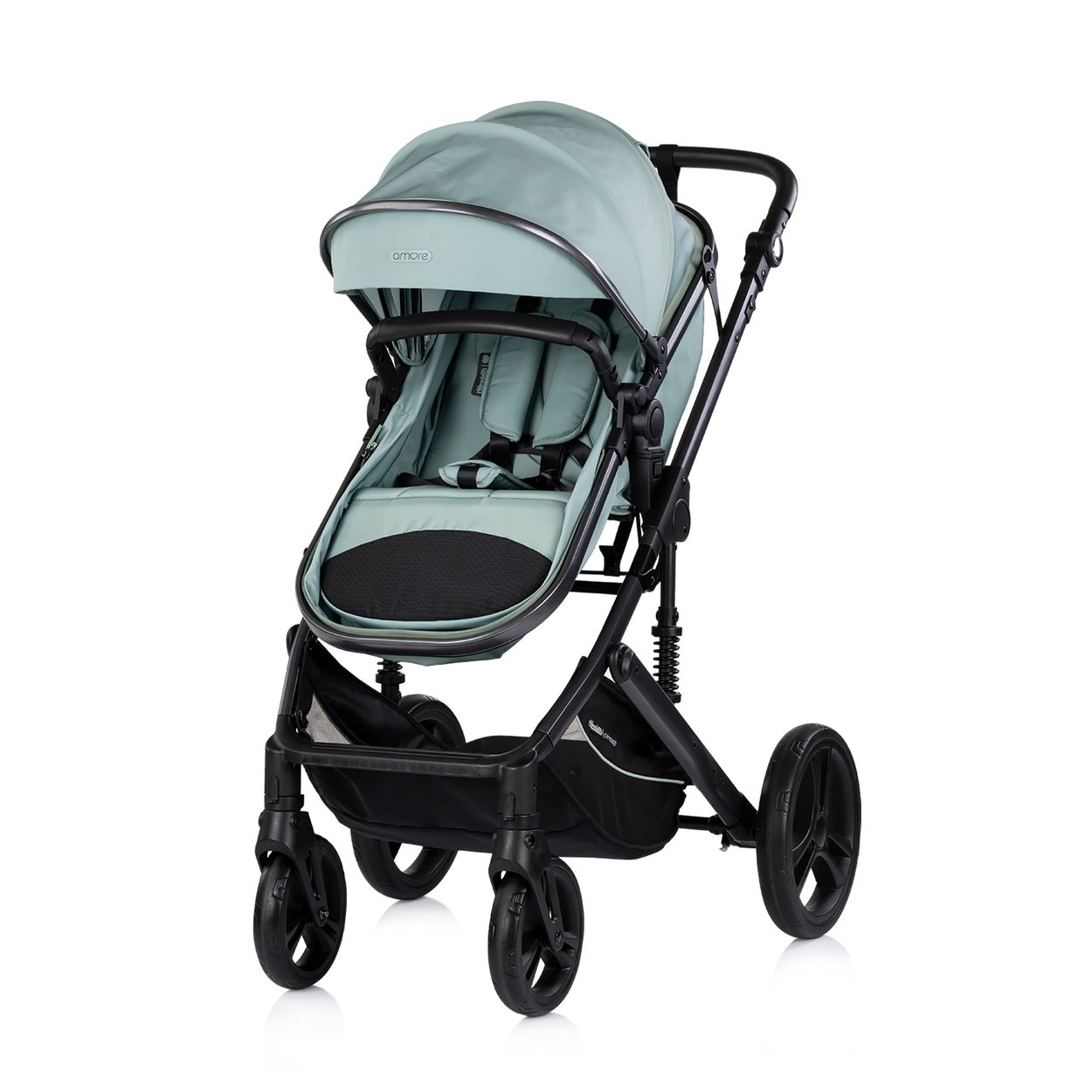 Ein mintgrüner Kinderwagen mit schwarzem Rahmen und Rädern.