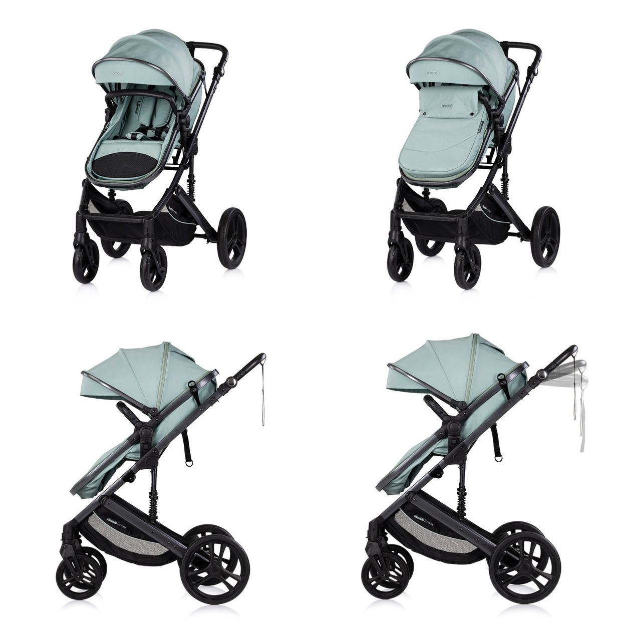 Vier Ansichten eines mintgrünen Kinderwagens mit schwarzem Gestell und Rädern.