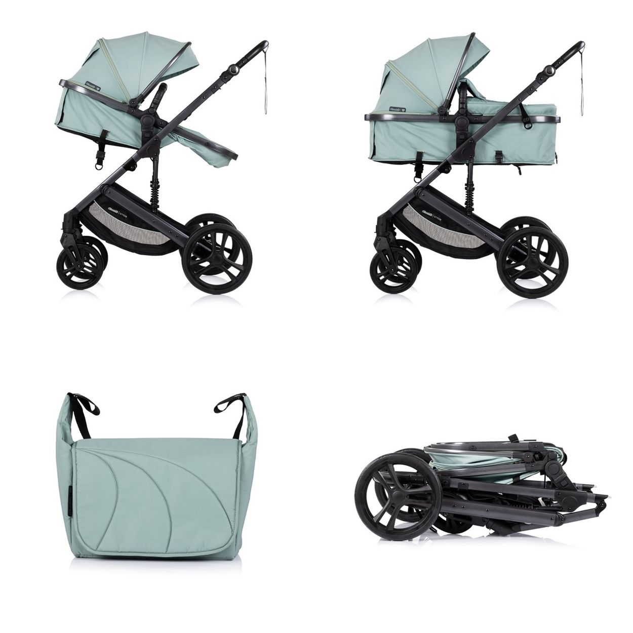 Ein Kinderwagen in Hellgrün, teilweise zusammengeklappt, und eine Wickeltasche.
