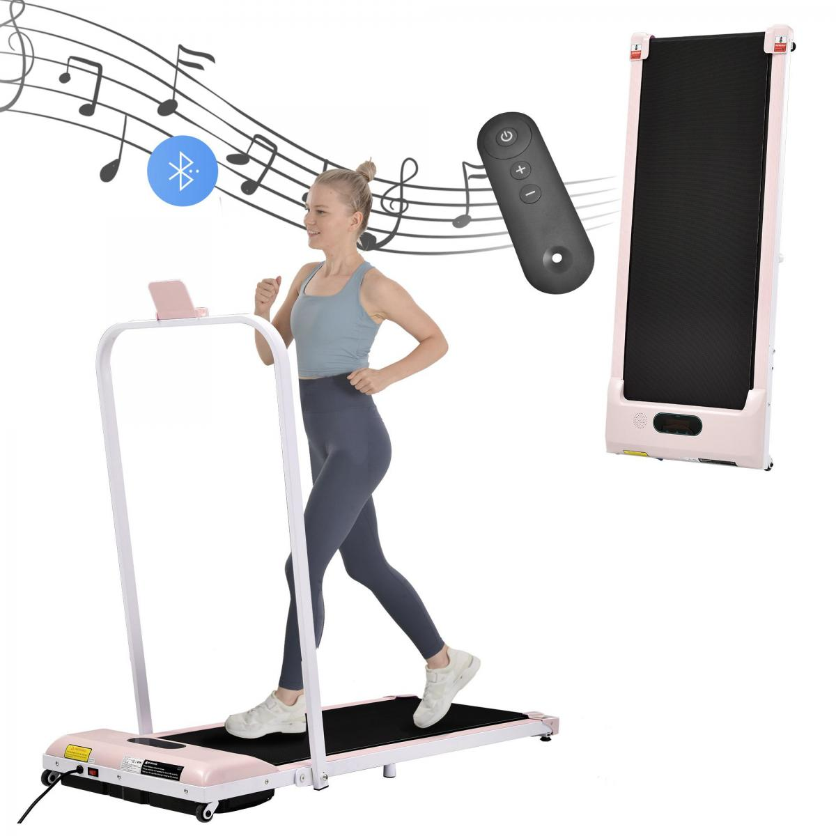 Frau läuft auf rosa Laufband mit Musiknoten und Fernbedienung.