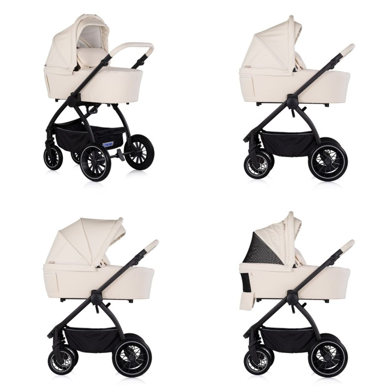 Vier Ansichten eines cremefarbenen Kinderwagens mit schwarzem Rahmen und Rädern.