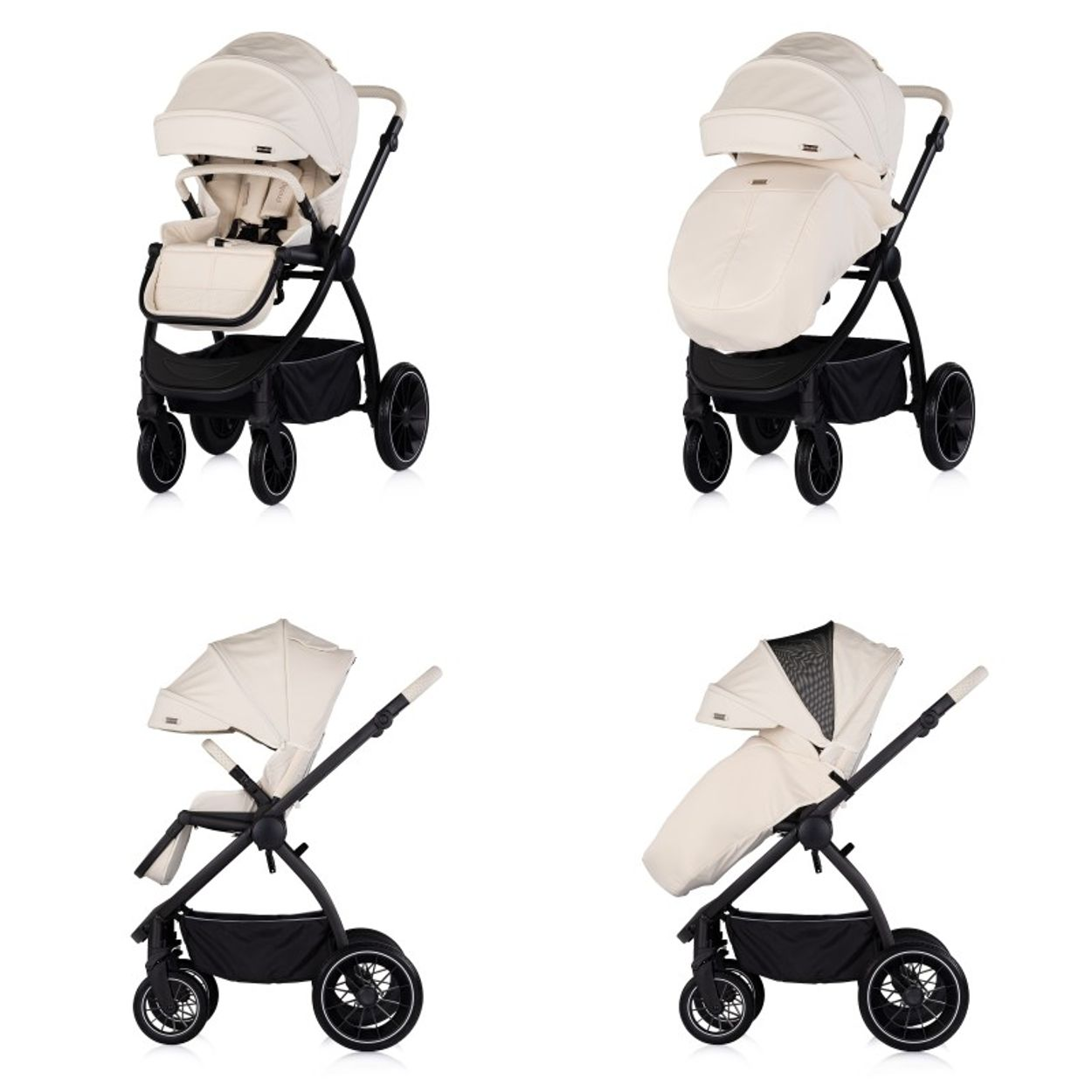 Ein heller Kinderwagen mit schwarzem Rahmen und Rädern, verschiedene Ansichten.