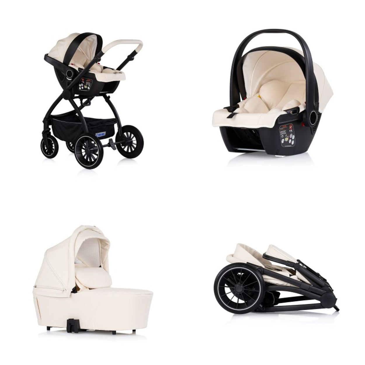 Ein Kinderwagen, eine Babyschale, eine Wiege und ein zusammengeklappter Kinderwagen.